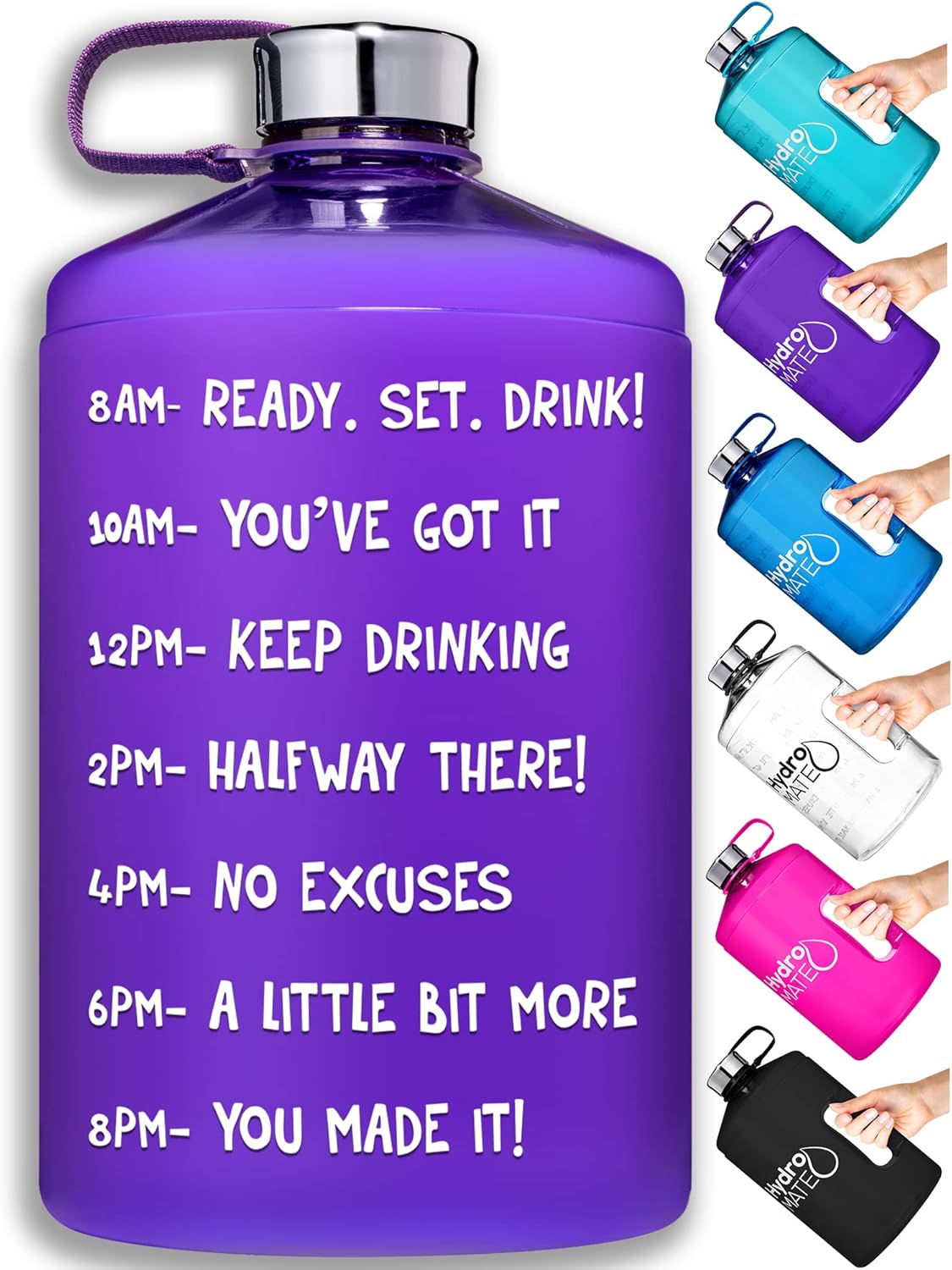 HydroMATE Large Gallon 128 oz Motivational Water Bottle with Handle and Time Marker Reusable BPA Free Jug Times Marked to Ensure You Drink More Water Throughout The Day Hydro MATE 128oz
