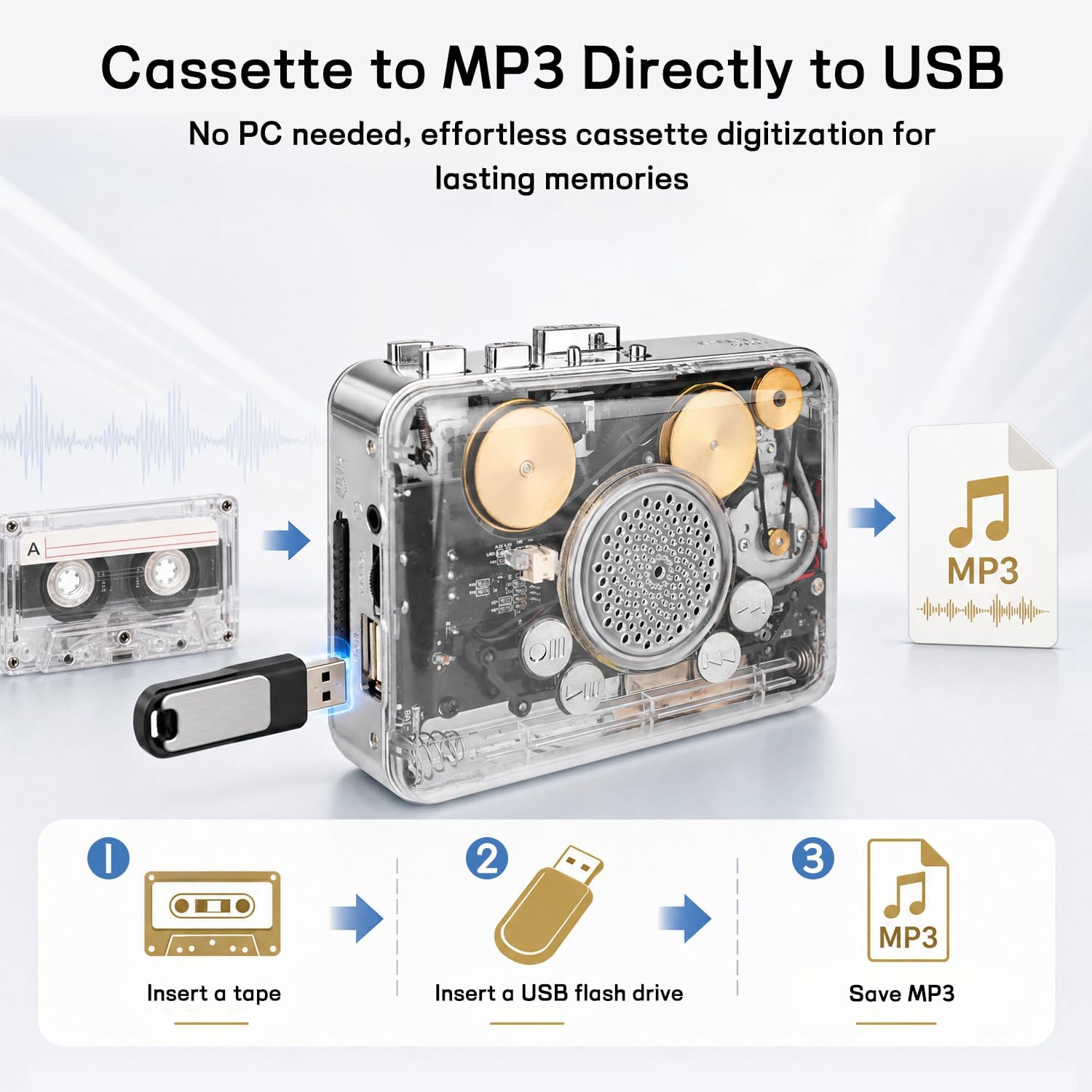 Auto‑Reverse Cassette Player with Speaker, Transparent See‑Through Shell Copper Wheel Tape Walkman, Digitize Cassette to MP3 onto USB Flash Drive, Dual Power, Stereo Earphones Included (Silver) image 3