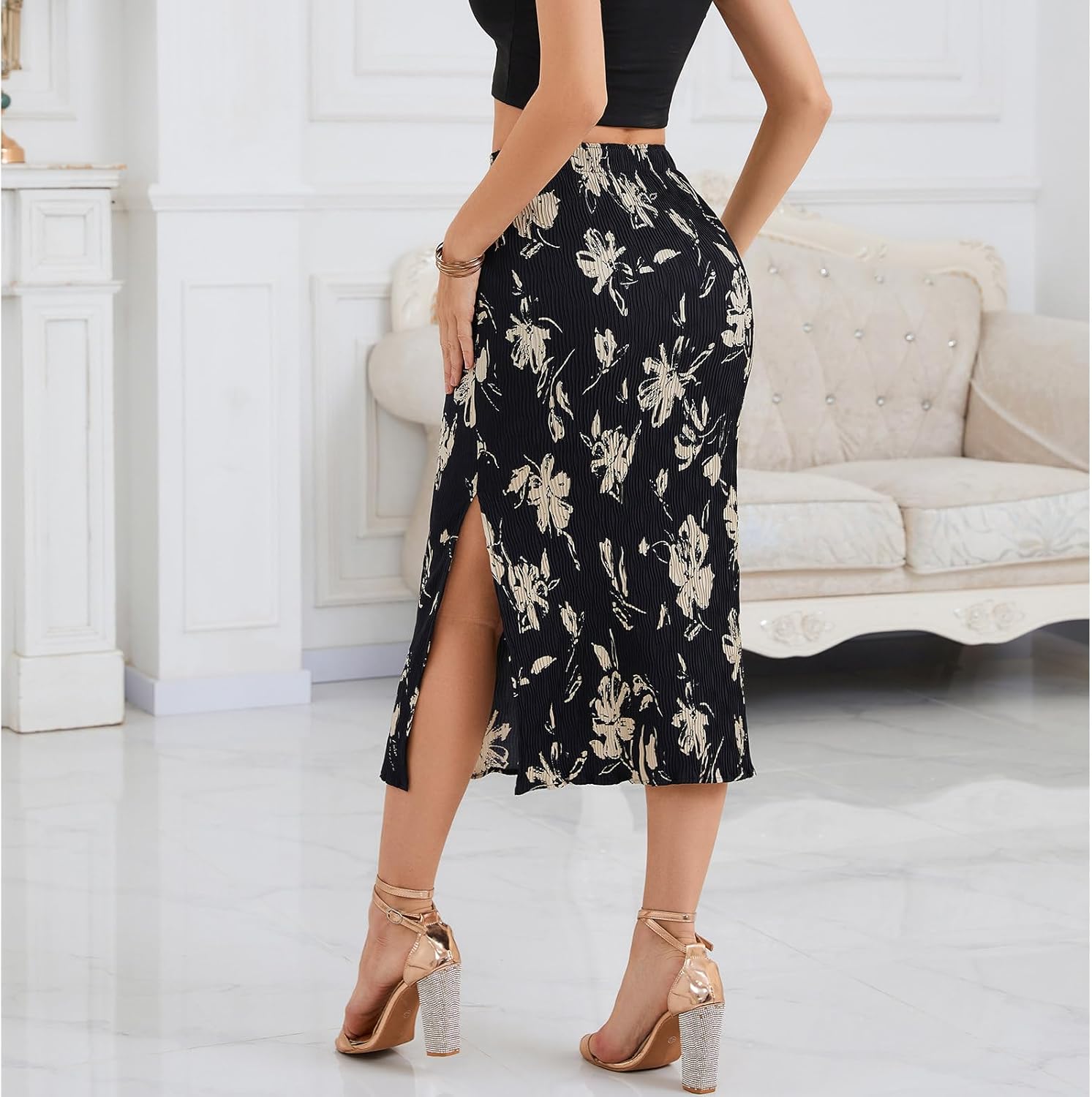 Midi Skirts for Women with Slit Long Knee Length Floral Elastic Pleated High Waisted Womens Skirt - Image 6