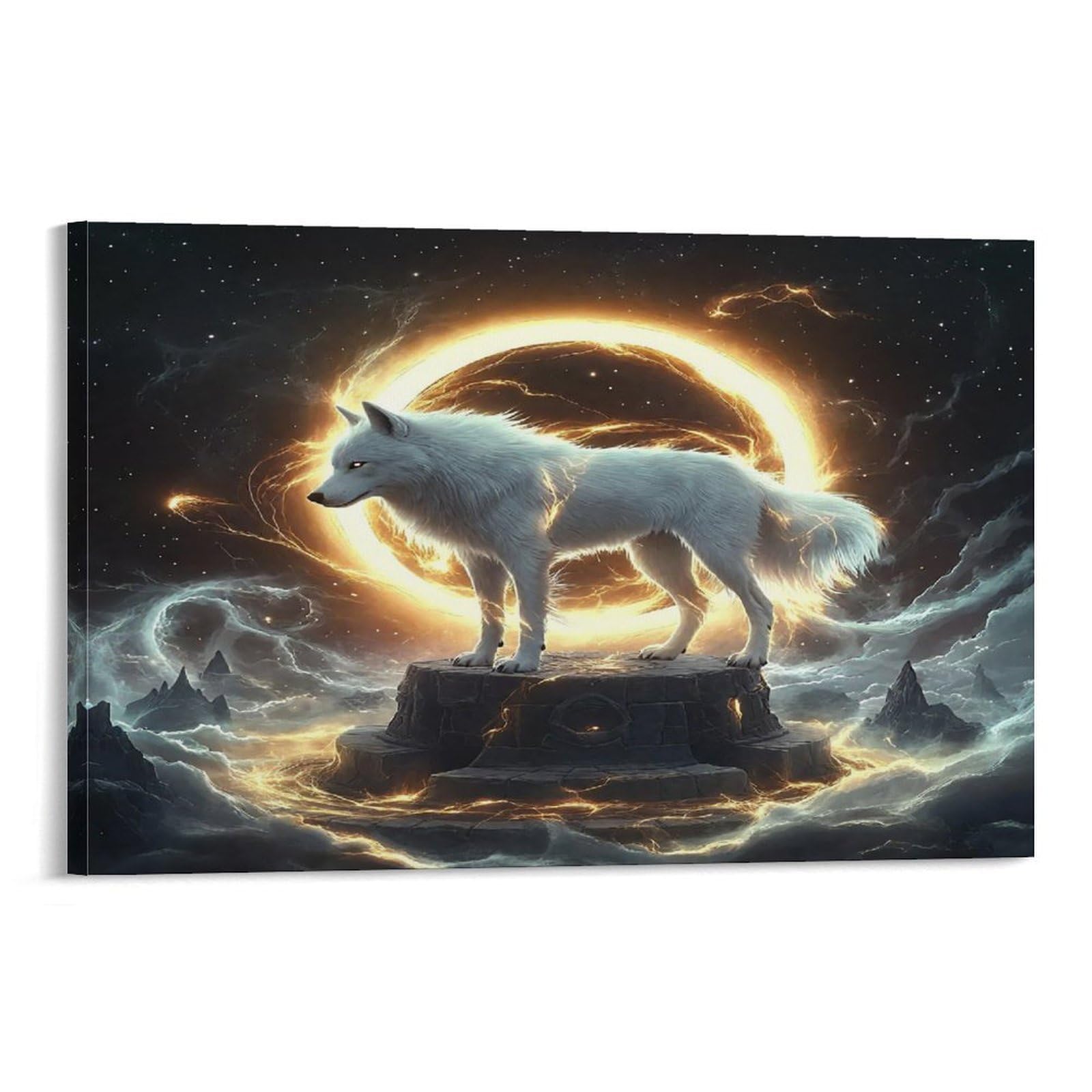 CPLVKWRQJ Sleeping Wolves in A Forest Glade 1 Piece White Wolf Glowing Ring Smoky Cliff Peak Canvas Wall Hanging - Nursery Space Saving Removable Ready to Hang Wall Decor 20x30inch(50x75cm)