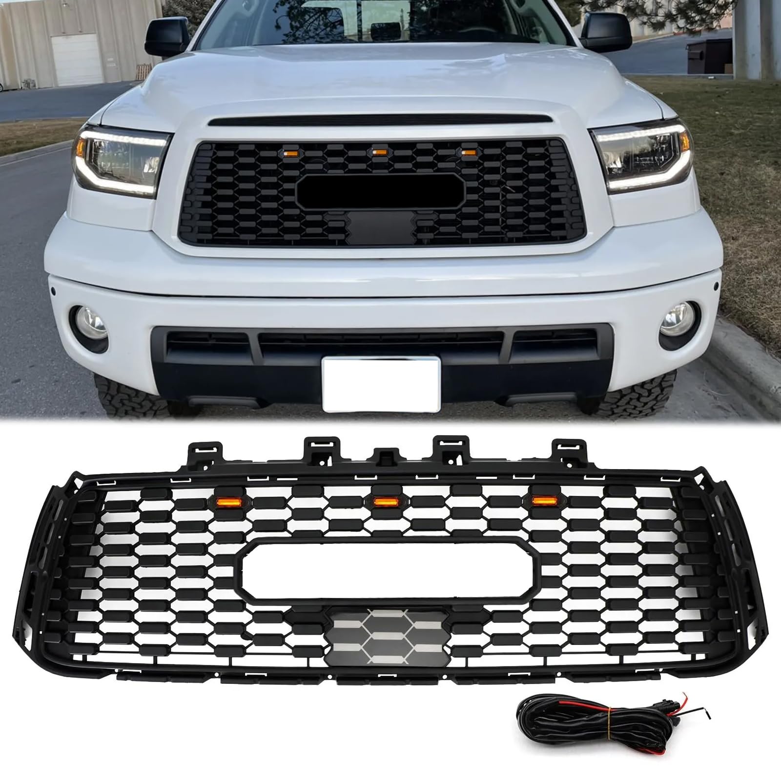 Front Grill Compatible with 2010 2011 2012 2013 Tundra, Replacement Front Bumper Grille ABS Grill with Letters and LED Lights, Matte Black