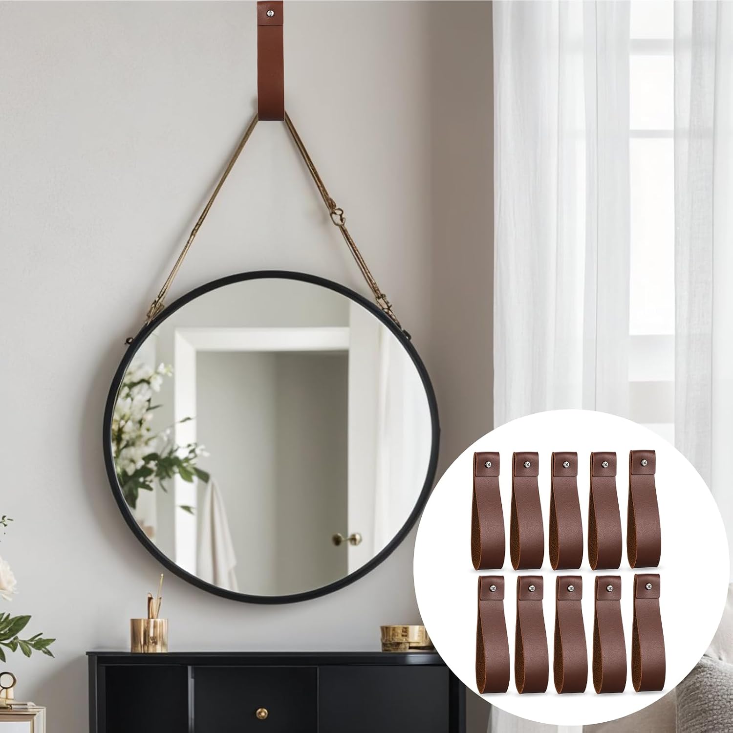 10pcs PU Leather Straps for Hanging Wall Hooks 1 x 4.7 Inches Curtain Rod Holder Leather Wall Hanging Strap with Screws Leathers Hook Lanyard for Bathroom Kitchen Walls Mounted Loop Towel Hook (Brown)