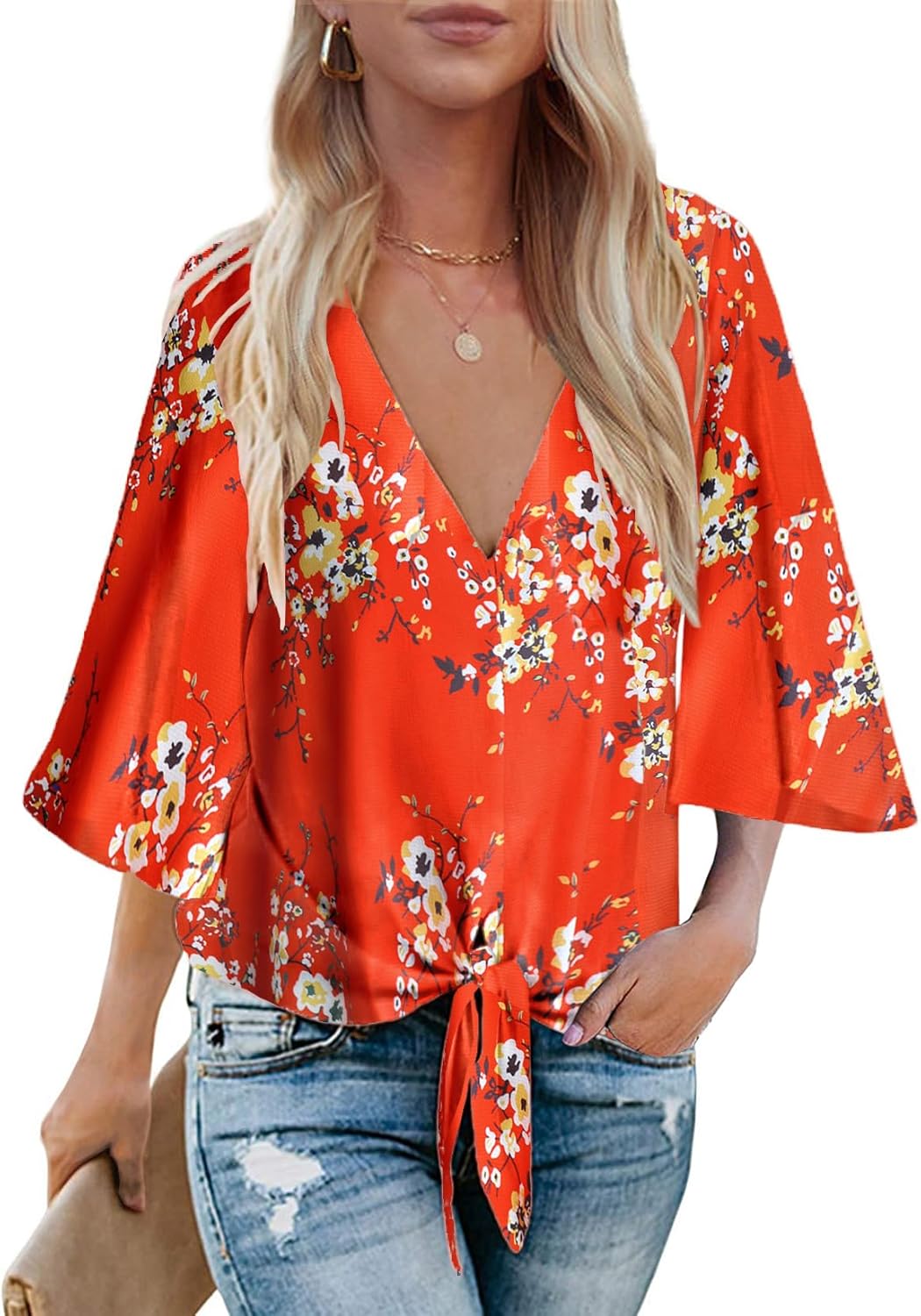 Bluetime Womens Summer Tops Boho 3/4 Sleeve V Neck Tie Front Shirts Casual Floral Blouses