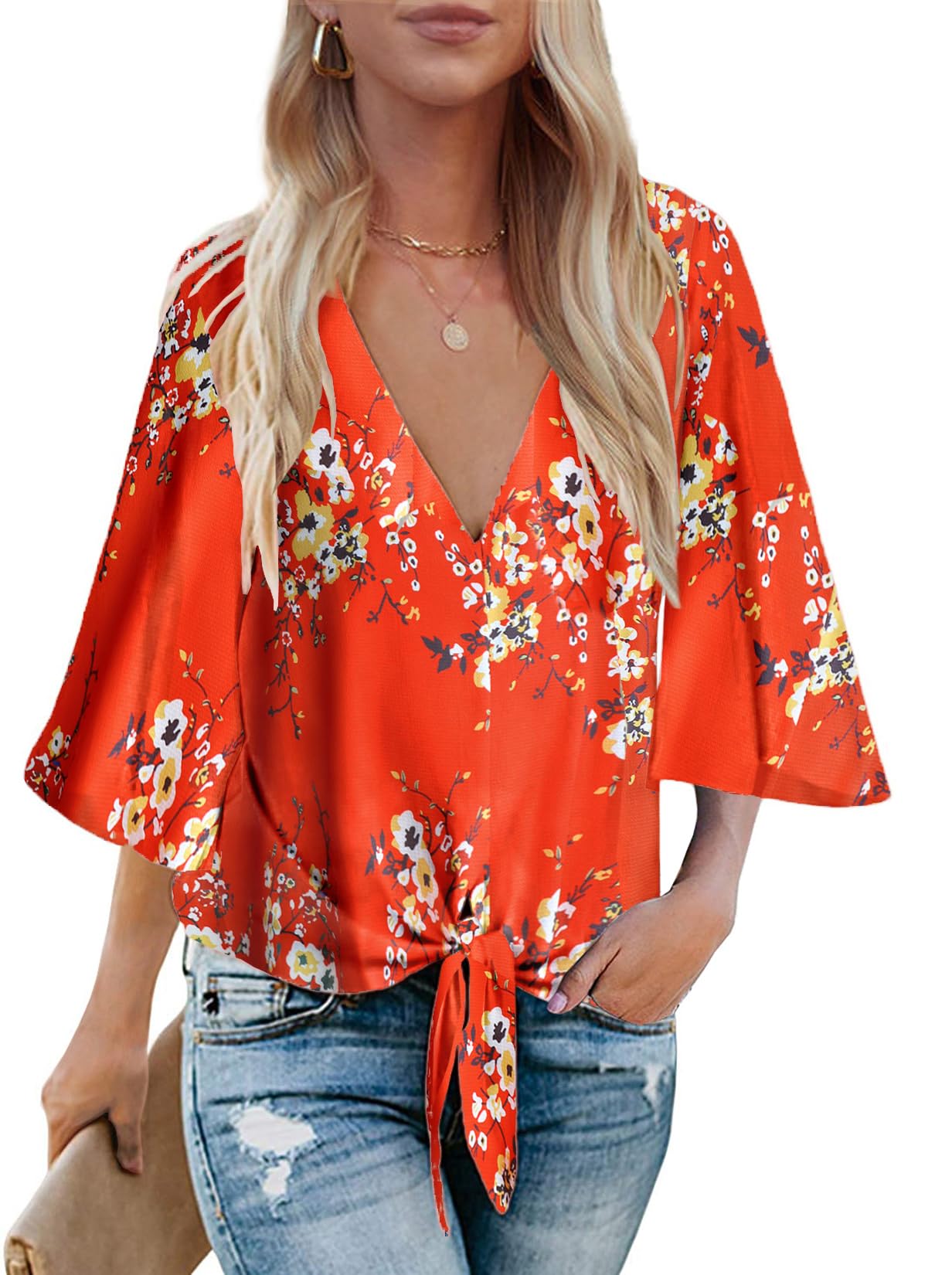 Womens Summer Tops Boho 3/4 Sleeve V Neck Tie Front Shirts Casual Floral Blouses