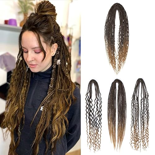 Miniatura 1 de Sangtok Extensiones de rastas onduladas de doble punta, 10 extensiones de rastas rizadas finas de 24 pulgadas de color marrón claro a rubio para