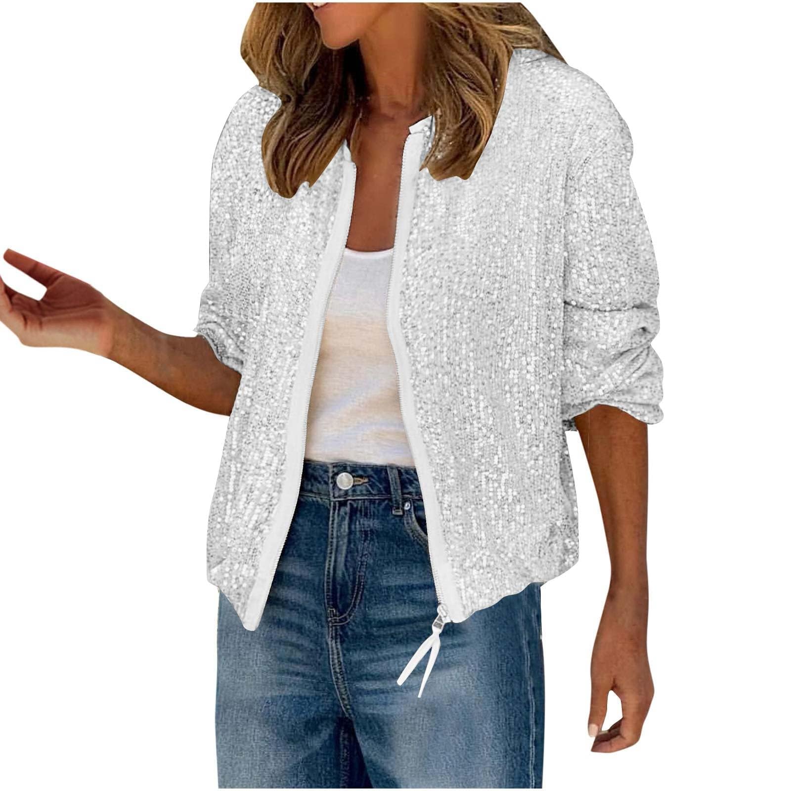 Women Sequin Bomber Jackets Long Sleeve Zip Blazer Shiny Cropped Jacket Glitter Party Disco Outfit Halloween