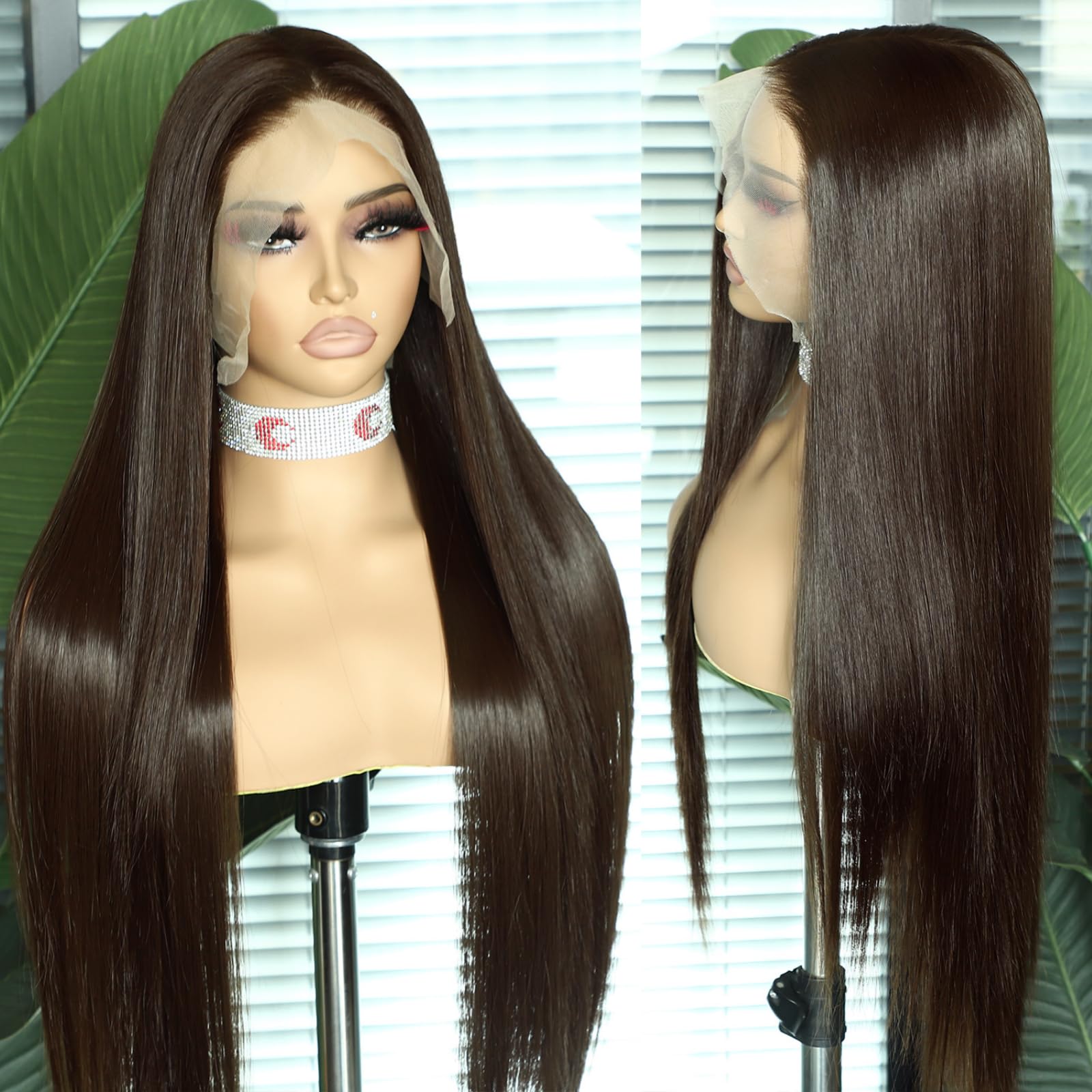 Sapphirewigs Dunkelbraune Farbe #4 Kanekalon Futura-Haar, kein Verknoten, natürlicher Haaransatz, 15,2 x 33 cm, tief, große Spitze, für tägliches Make-up, Damen, Hochzeit, Kunsthaar