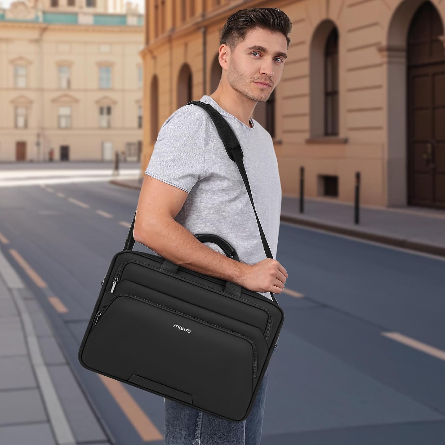 MOSISO 15.6 inch Laptop Bag for Men, 15-16 inch Computer Bags Compatible with MacBook Pro 16 inch,HP,Dell,Lenovo,Notebook, Briefcase Messenger Shoulder Bag with 2 Front Horizontal Pockets&Belt, Black - Image 2