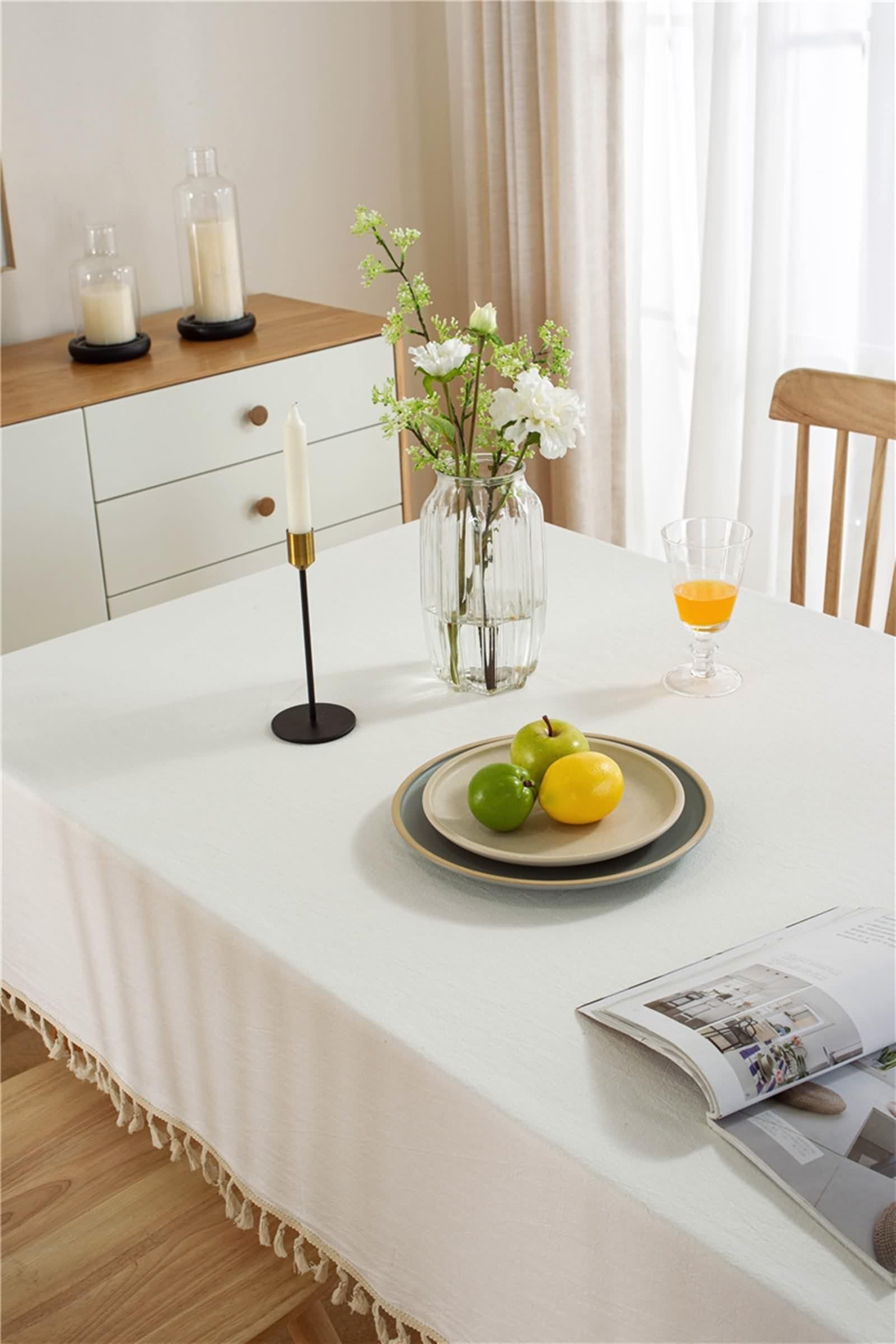 Table Cloth Decor, Tischtuch Weiß Baumwolle Einfarbig mit Quaste Table Cover 140X180CM für Küche Wohnzimmer Esszimmer