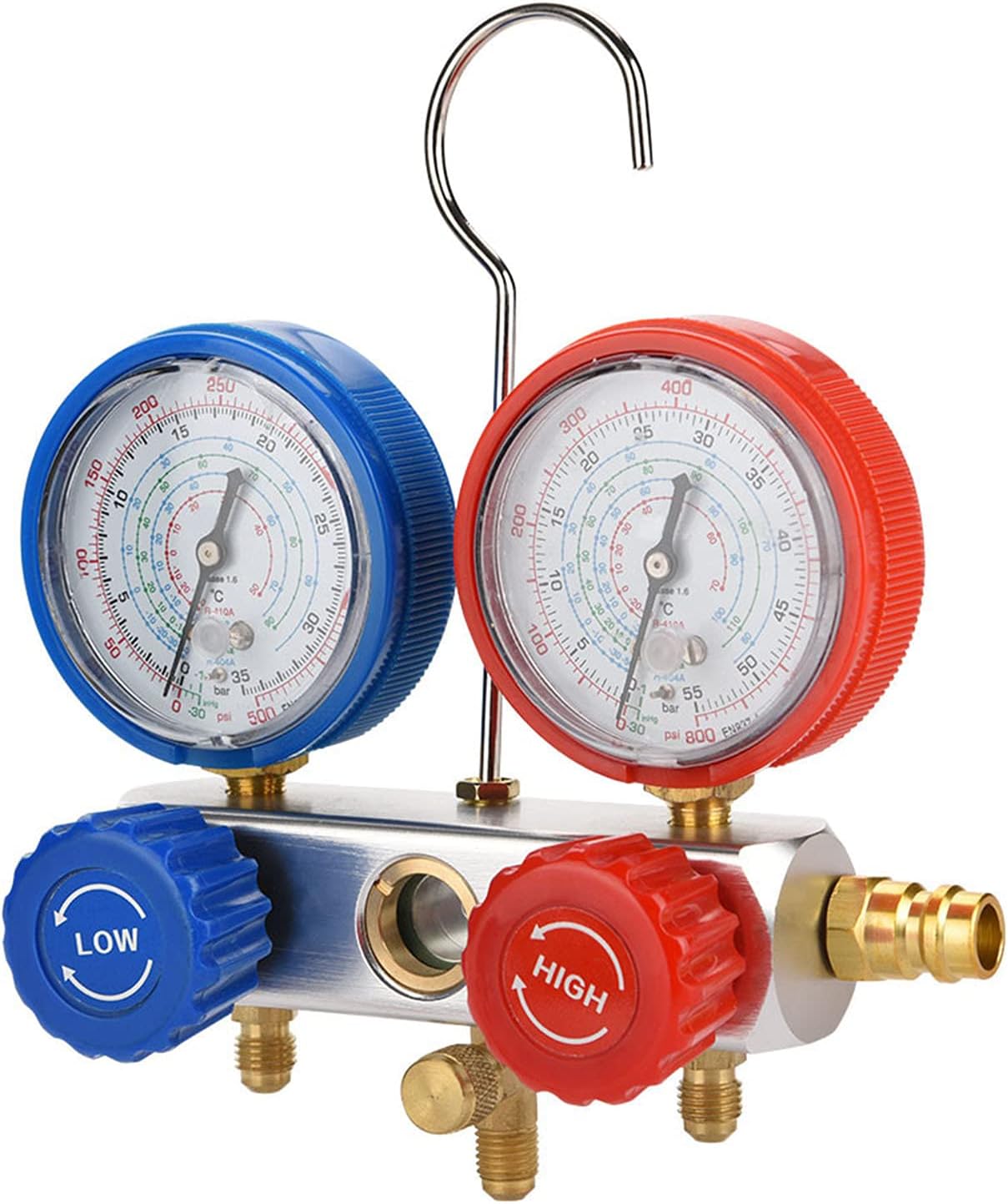 0-500 PSI Refrigerant Manifold Gauge Set, AC Diagnostic Tool Kit with Dual Gauges and Recharge Hoses for R134a R22 R410a, Includes Quick Coupler Adapter Valve for Automotive Air