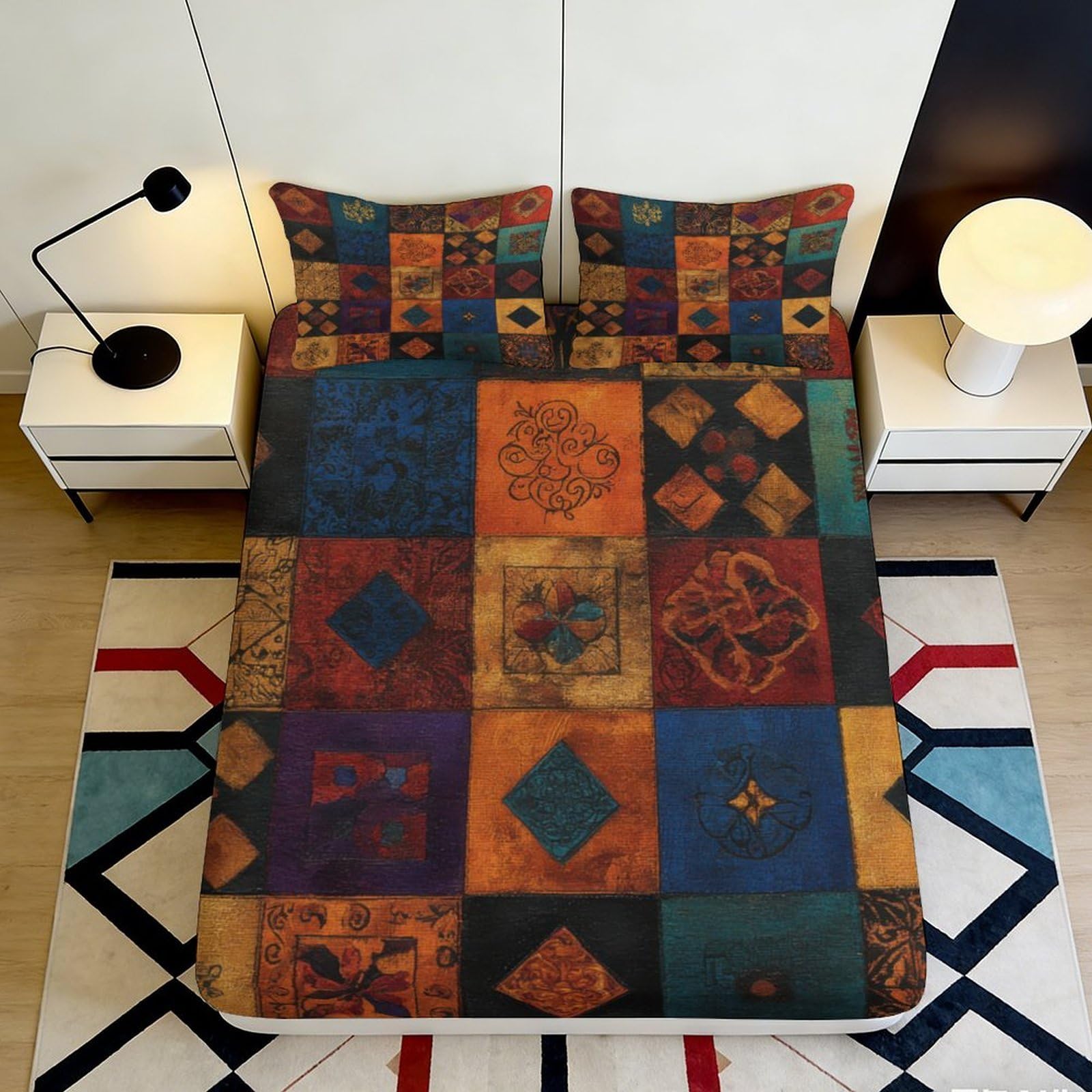 3D Printed Patchwork Geometric Fitted Sheet Microfiber Deep Pocket Non-Slip Patchwork Geometric Mattress Fitted Cover 200x200x25cm