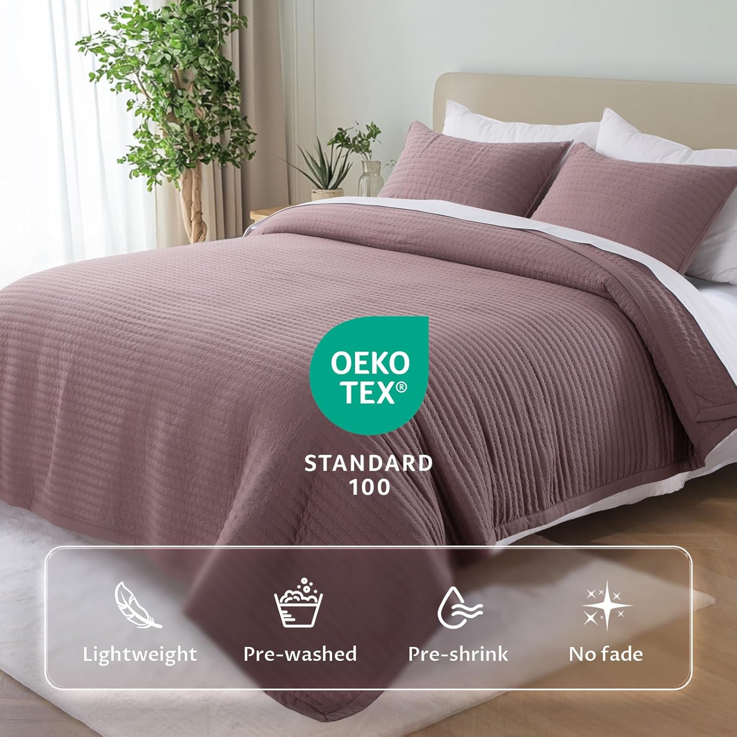KASENTEX Queen Quilt Set 90"x90" – Soft Washed 3-Layer Lightweight Bedspread, Minimalist Nordic Design, All-Season Spring & Summer Quilt Set (1 Quilt + 2 Pillow Shams),Twilight Mauve Purple