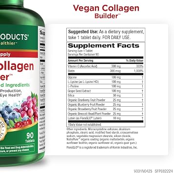 Purity Products Vegan Collagen Builder - Organic Whole Foods Fruits + Veg, Silica, Lutein, Vitamin C, Biotin, Grape Seed - Amino Acids Glycine, Lysine & Proline Collagen Boosters - 90 Tablets