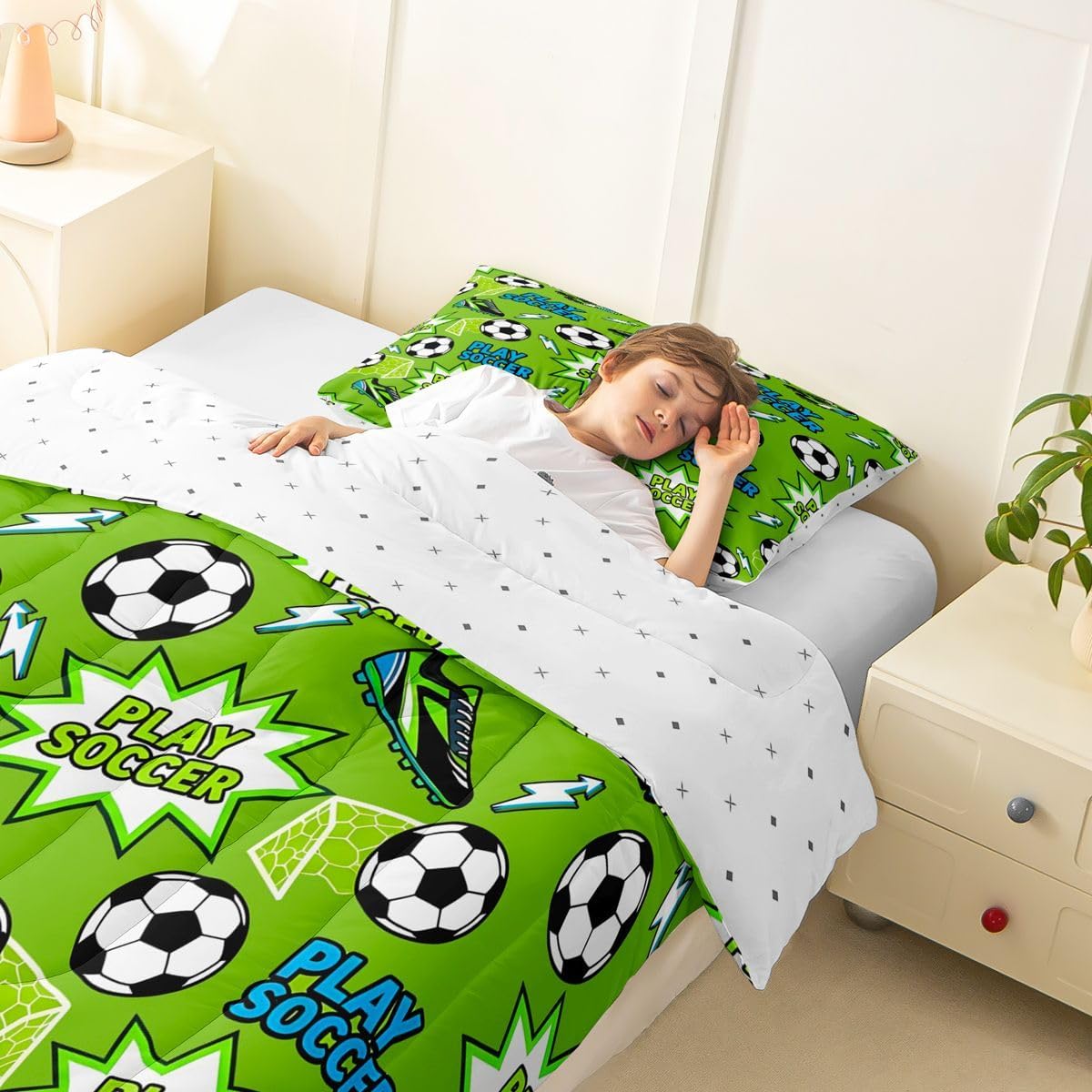 Castle Fairy Soccer Comforter Set Twin Size,Football Shoes Lightning Bedding Sets 2Pcs for Kids Girls Boys Teens Room Decor,Ball Sports Gaming Quilted Duvet Modern Green Down Comforter,1 Pillowcase image 3