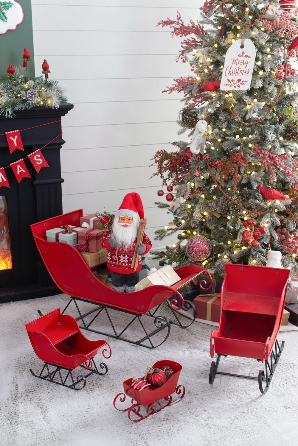 Christmas Decoration Distressed Christmas Santa Sleigh, Iron Red/Black Sleigh Small, Sleigh Basket with 2-Tier Storage Shelf for Indoor Outdoor Holiday Decoration, 14.5"x10"x11"