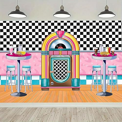 Miniatura 6 de Fondo de fotos de comedor clásico para cenar, fondo retro para cenar, música rock, decoración clásica de fiesta de cumpleaños, taburetes de bar de