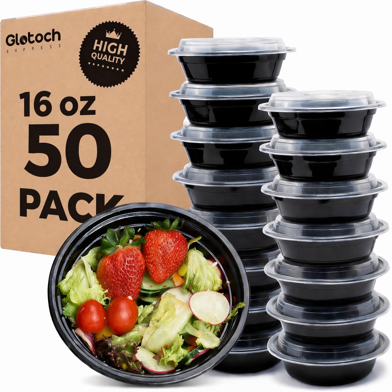 Glotoch - Contenedores de alimentos preparados para comidas, paquete de 50 unidades, desechables con tapas, contenedores duraderos para llevar, para ensalada, microondas, sin BPA, apilables, 16 onzas