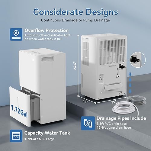 Miniatura 2 de Deshumidificador de sótano de 105 pintas con bomba para espacio de hasta 5000 pies cuadrados, deshumidificadores grandes con manguera de drenaje,