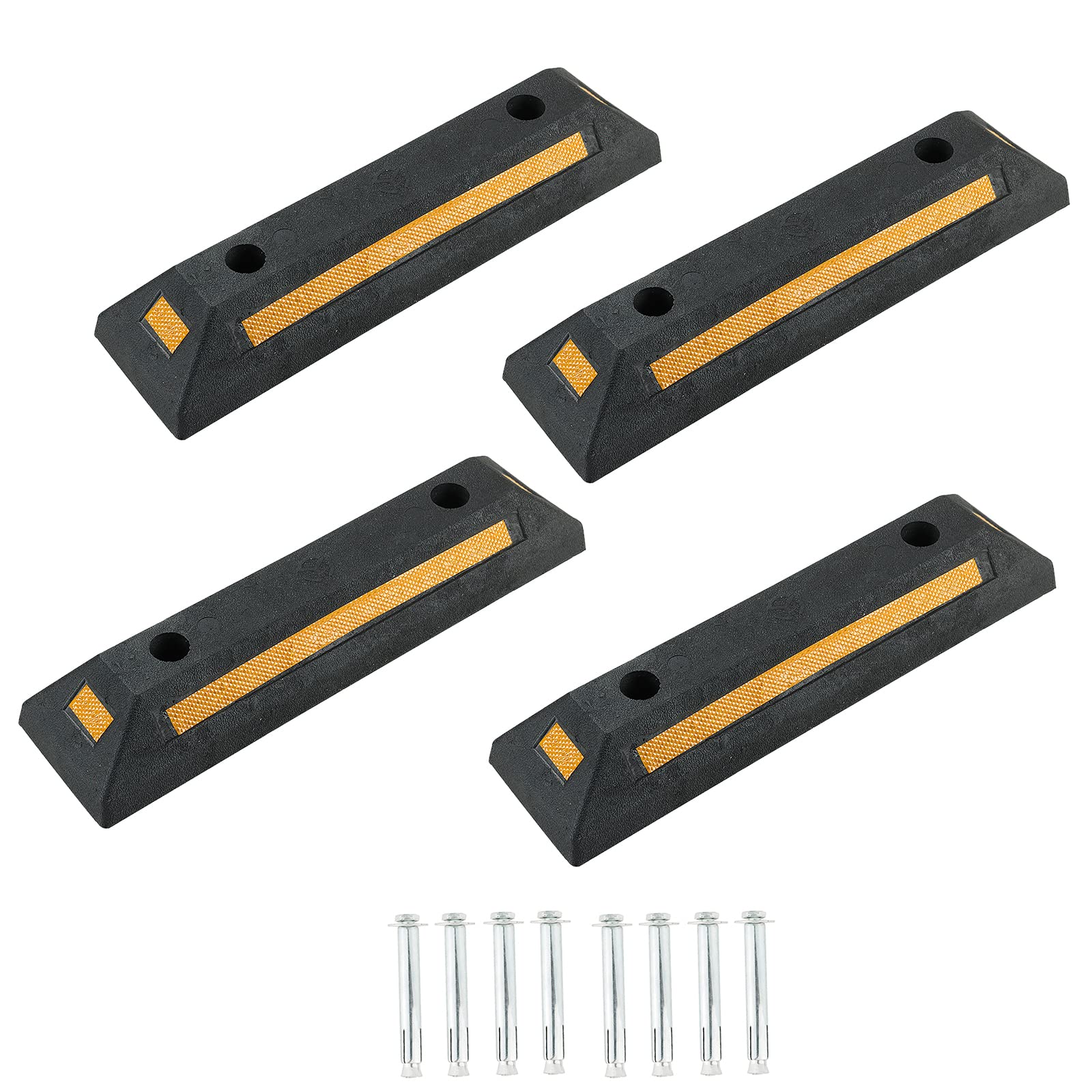 4 Pack Rubber Parking Guide Blocks | Heavy Duty Black Parking Blocks Parking Target Guide with Yellow Reflective Stripes, Wheel Stop Stoppers for Car, Truck, RV, Trailer, and Garage (4 Pack)