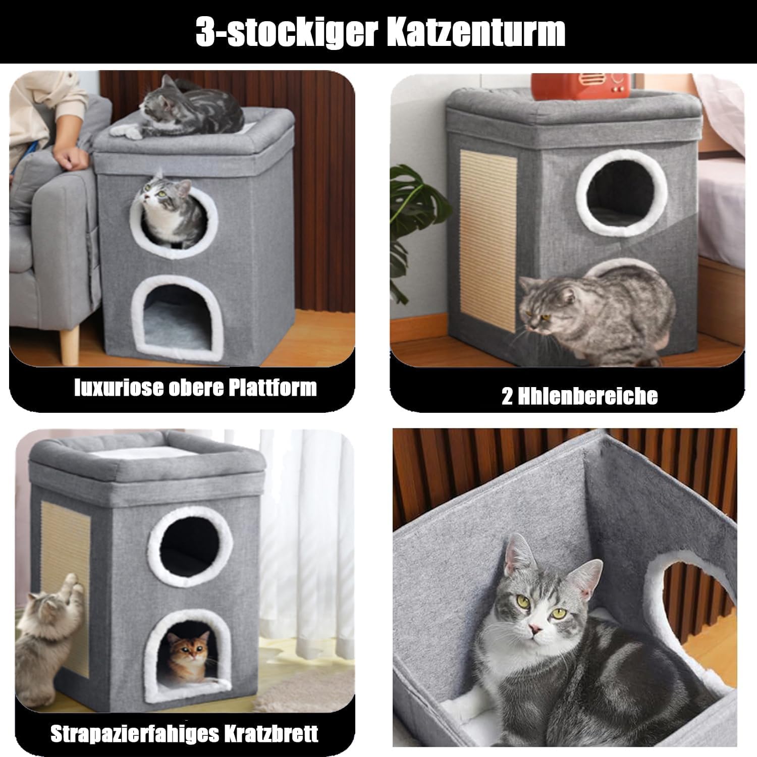 Kratztonne, Katzenkratzbaum mit 2 Katzenhöhle, Kratzturm mit Kratzbrett, Katzenturm mit 3 Ebenen & 3 Matten, Katzentonne für Katzen bis 20 kg, Kratzbaum Katzenmöbel Dunkelgrau