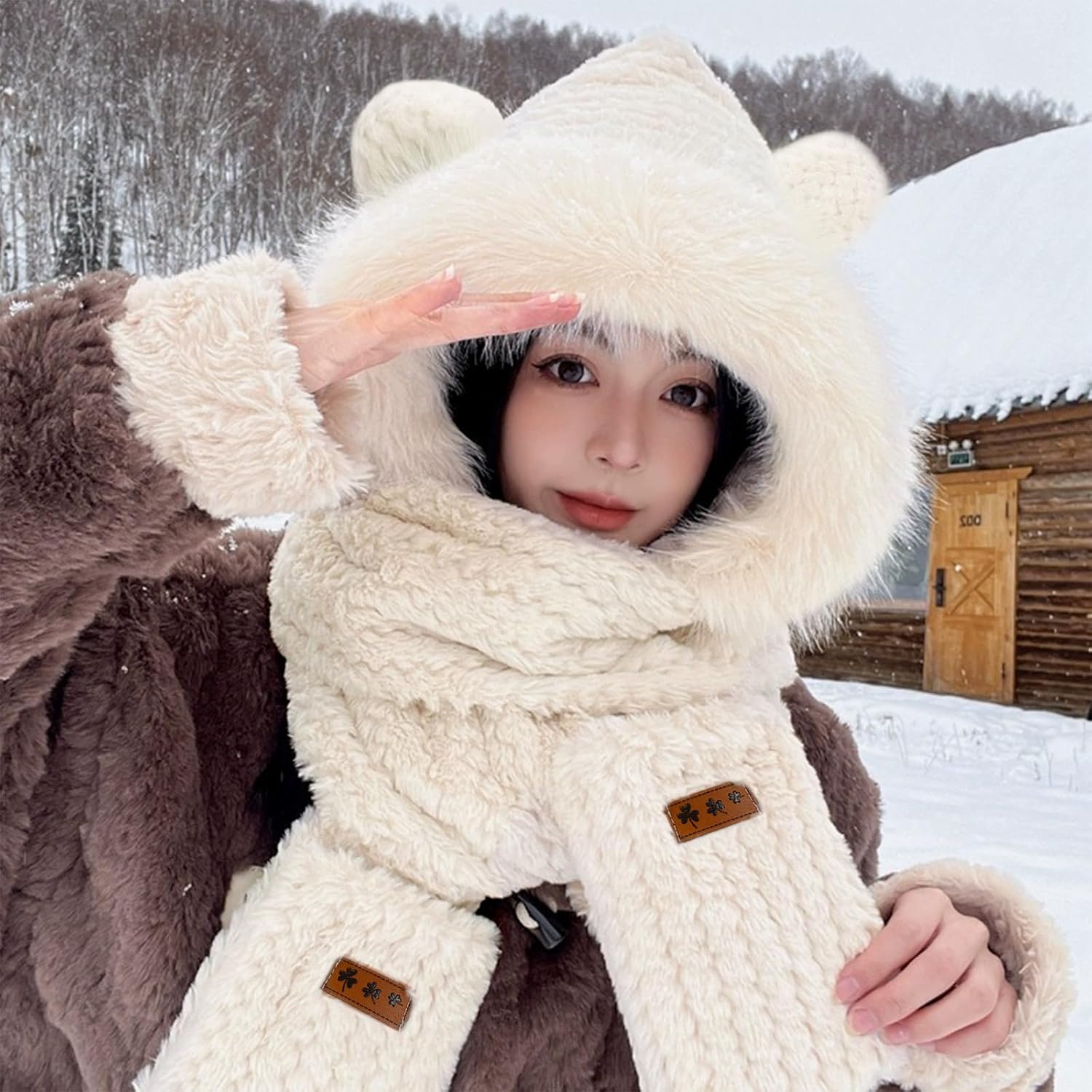 Hat Scarf Gloves Set for Women Winter, Plush Fleece Bear Neck Warmer 3-in-1 Accessory for Skiing Snowboarding - Image 8