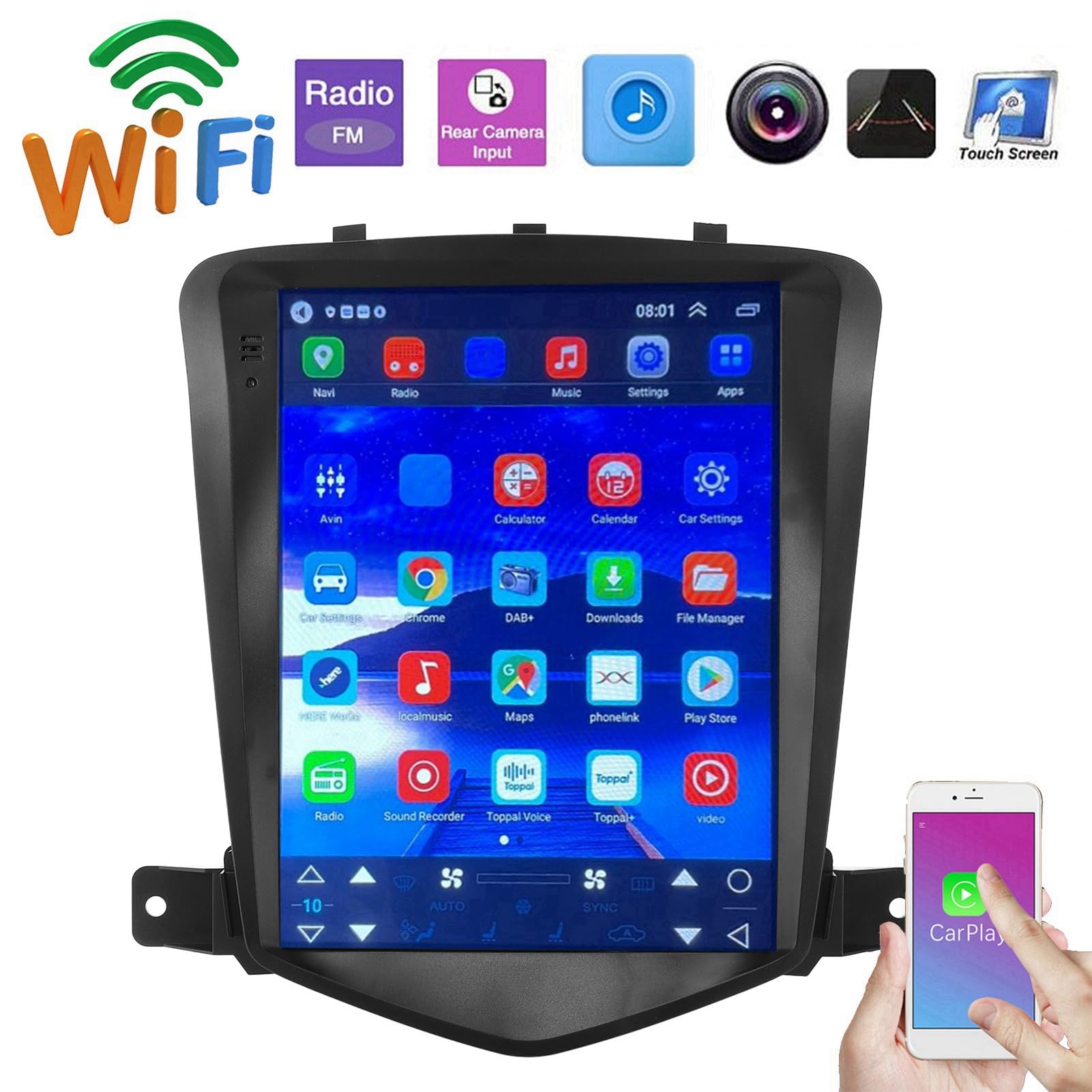 Lecteur de Voiture, écran Tactile de 9,7 Pouces Autoradio Bluetooth Mains Libres HD Lecteur Multimédia Caméra de Recul Remplacement de Navigation GPS pour Chevrolet Cruze J300 2008-2014