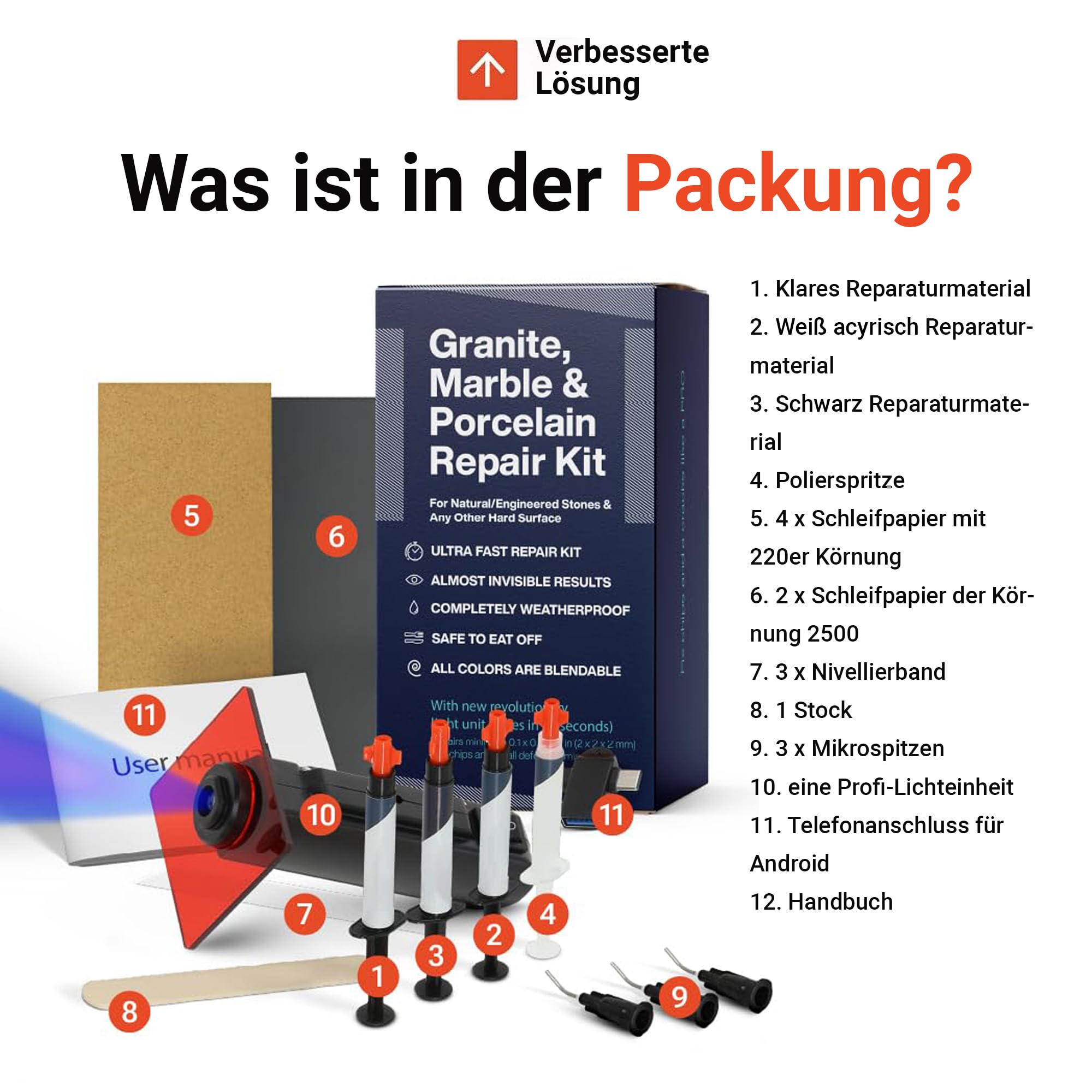Granit-Reparatur-Set (transparent, schwarz und Acryl-Reparaturset) – ideal als Quarz-Arbeitsplatten-Reparatur-Set I funktioniert hervorragend für Marmor, Porzellan, Keramik und Corian Oberflächen