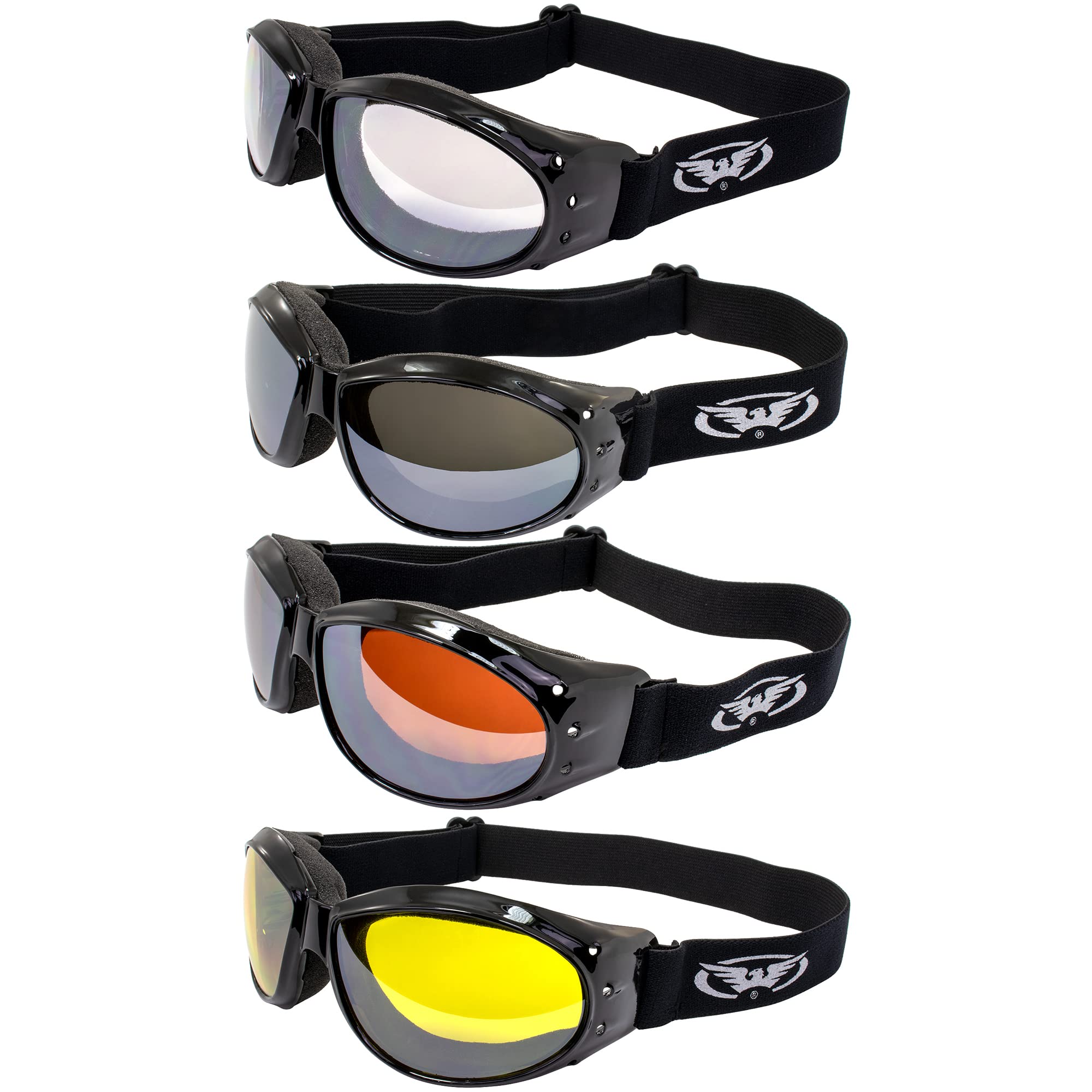 Global Vision ANSI Z87.1 - 4 paia di occhiali da equitazione imbottiti con lenti trasparenti e lampeggianti, colore giallo e specchio di guida