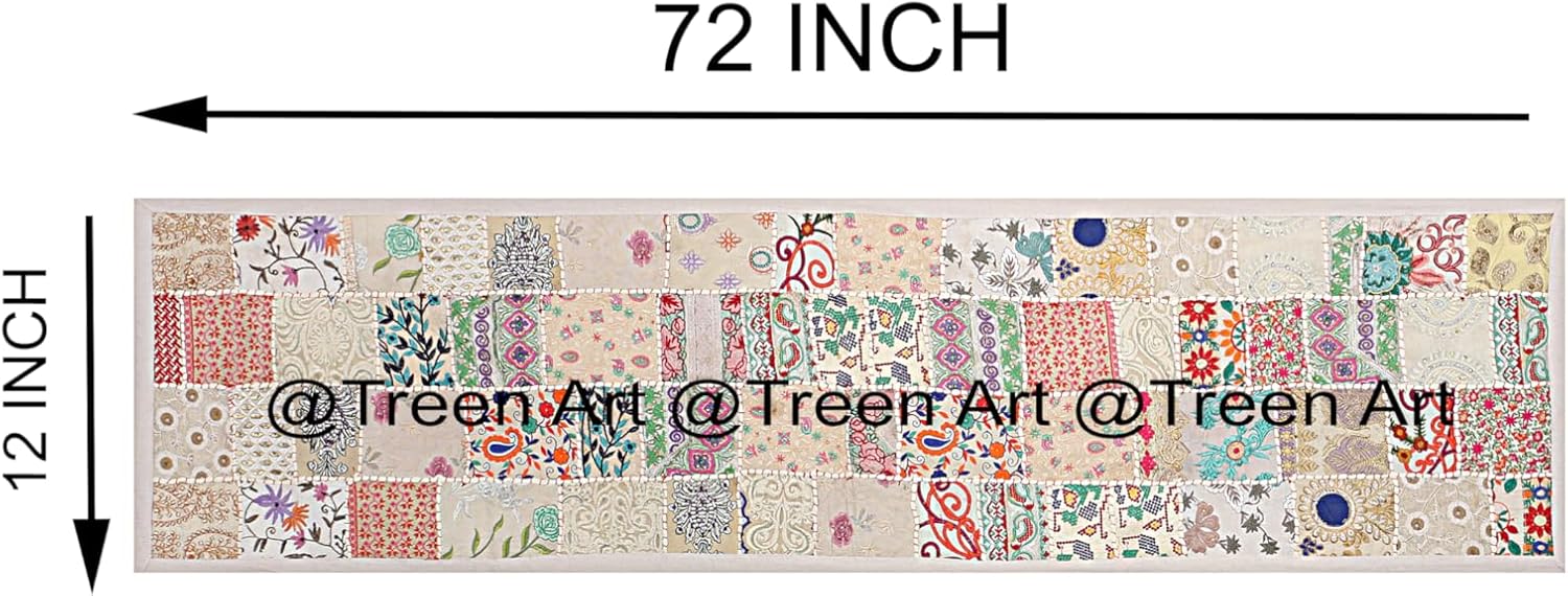 Treen ArtNew Linen Table Runner Ethnic 100% Cotton Embroidered Handcrafted Home Decor Long Patchwork Dining Table Cloth (White 12"" W x 72"" L)