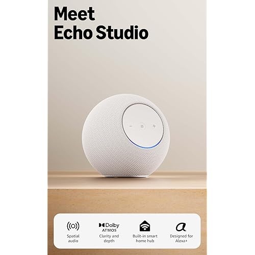 Amazon Echo Studio (newest model), compact design, immersive spatial audio and Dolby Atmos, Designed for Alexa+, Glacier White