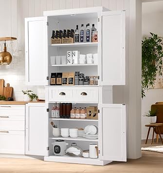 LOUVIXA 72" Kitchen Pantry Storage Cabinet, Freestanding Cupboard with 2 Cabinets, Drawer and Adjustable Shelves, Tall Storage Cabinet for Kitchen, Dinning Room, Living Room White