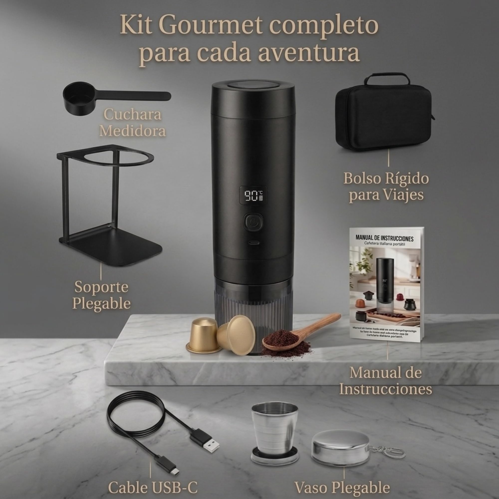 Kit Cafetera Portátil 3 en 1 – Maquina de Espresso 20 Bares Compatible con Cápsulas Nespresso, Dolce Gusto y Café Molido – Cafetera Capsulas Recargable USB-C 7800 mAh de Calentamiento Rápido