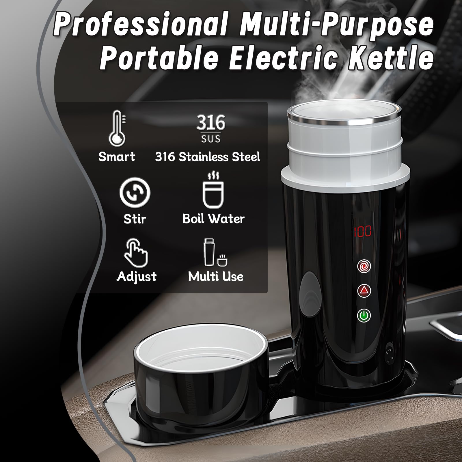 Car Electric Kettle Portable 12V/24V, 420ml Electric Travel Kettle, Portable Hot Water Boiler, Adjustable Temperature Car Coffee Warmer Kettle With Built-In Magnetic Induction Stirring