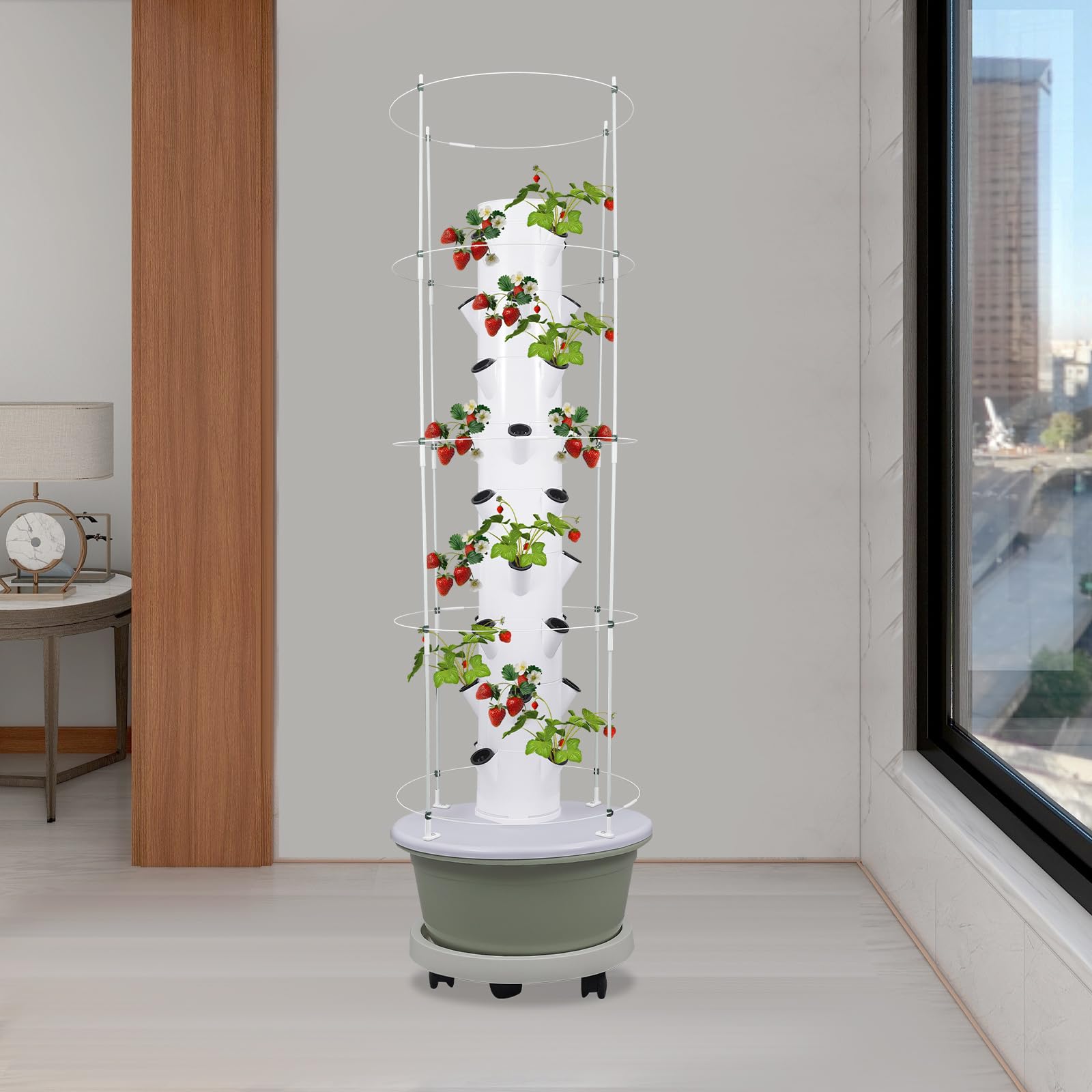 Torre hidropónica de 36 agujeros, 9 pisos, sistema de cultivo hidropónico con bomba de agua, torre hidropónica para jardín con depósito de agua de 30 L, adecuado para frutas, verduras (blanco y verde