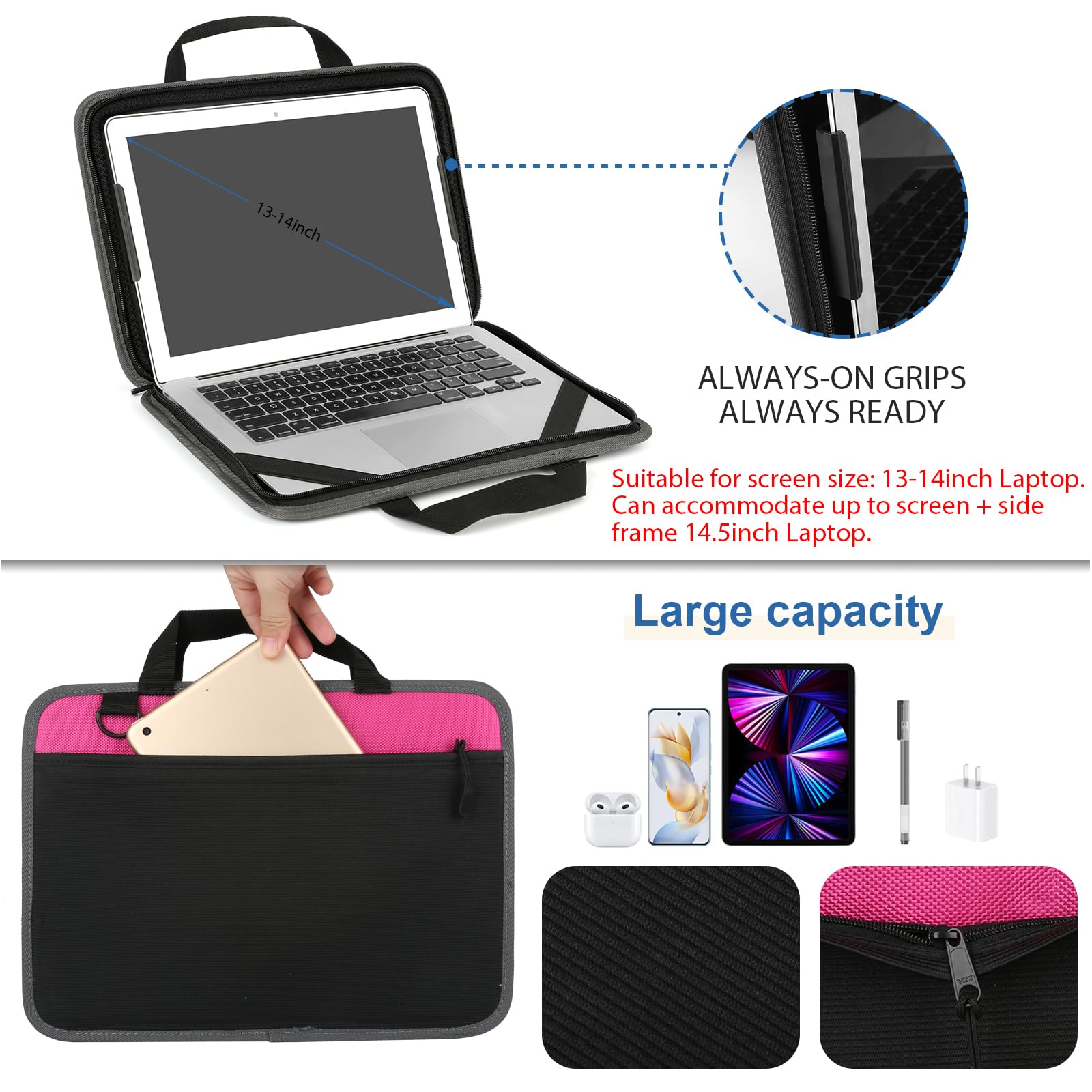 Funda Para Portátil De 14 Pulgadas - Impermeable, Antigolpes, Con Bolsillo Lateral, Color Rosa