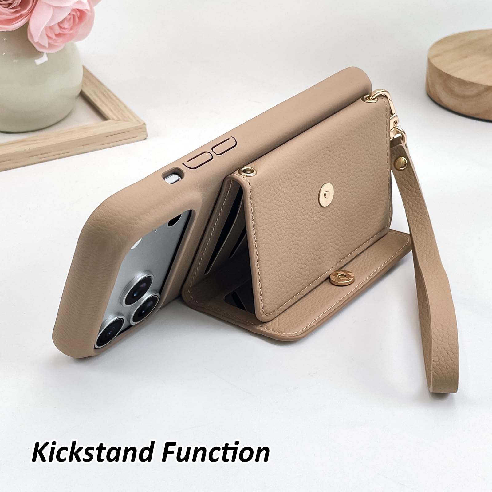 OOK Custodia a portafoglio per iPhone 17 Pro Max con porta carte di credito | Design multifunzionale con slot per schede, cinturino da polso, specchio nascosto, custodia protettiva sottile in pelle TPU