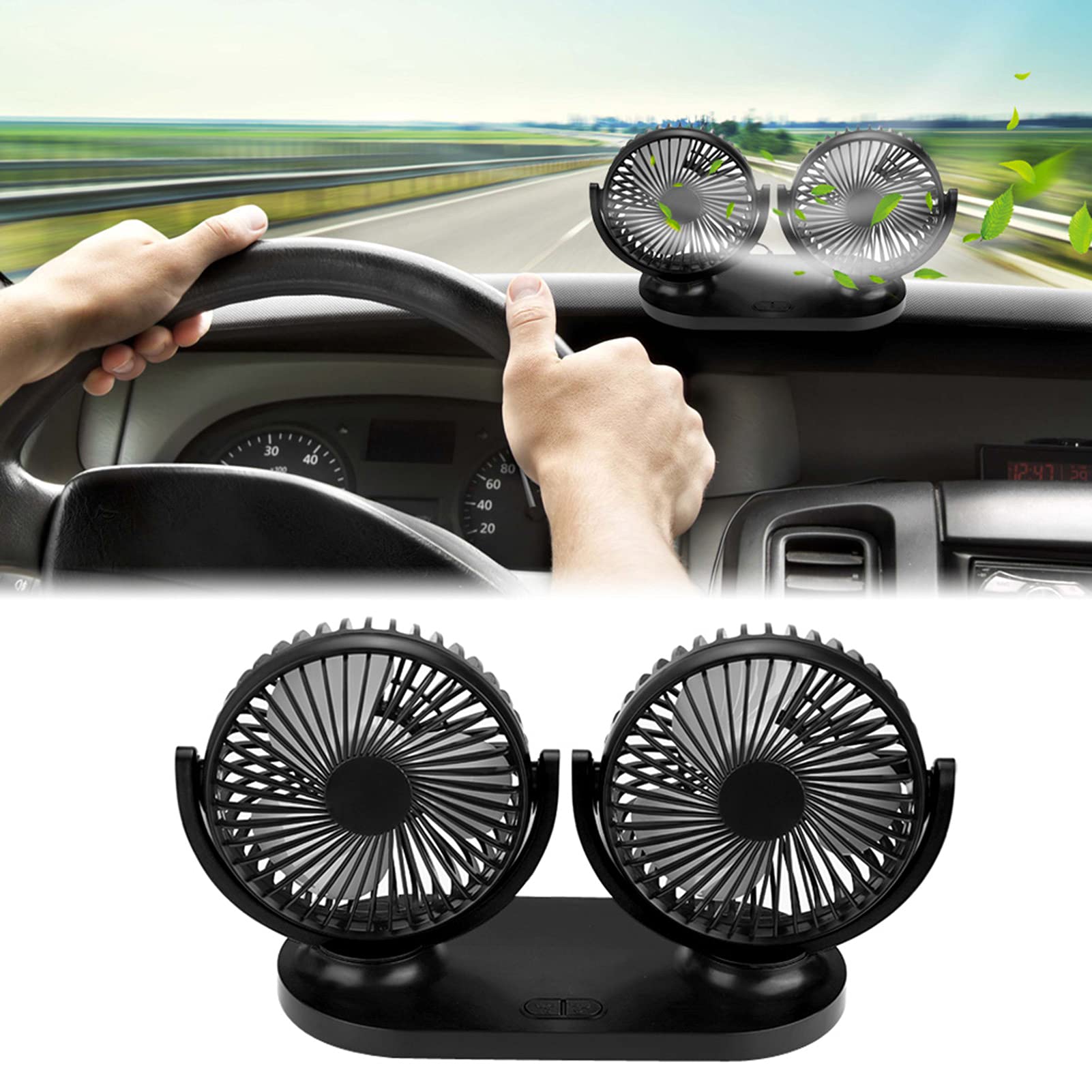 EVGATSAUTO Ventilatore per auto a doppia testa, auto a doppia testa USB Condizionatore d'aria portatile Ventilazione del dispositivo di raffreddamento automatico Accendisigari 12V(Nero)