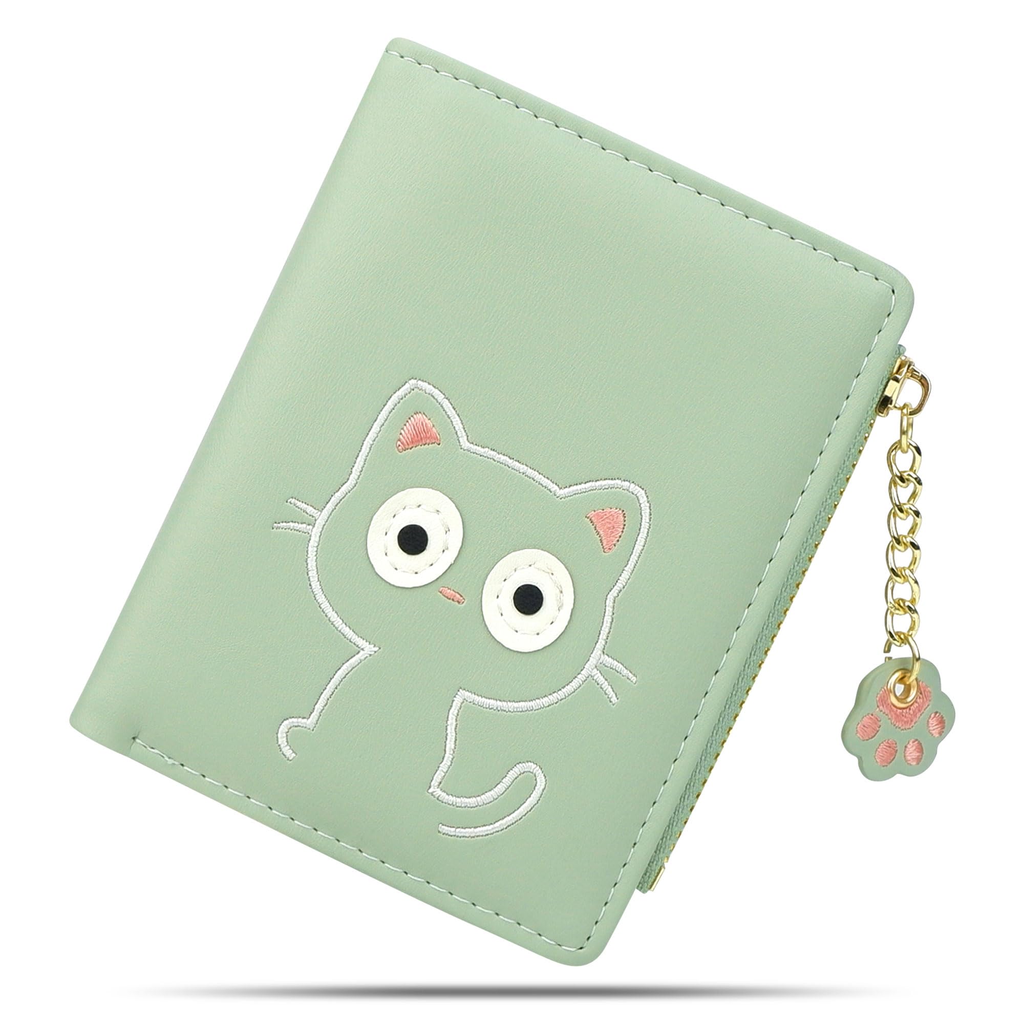 CONISY Small Wallet for Women, Vegan Leather Bifold RFID Blocking Cute Wallet with Coin Purse, Gift Ideas for Teen Girls Ladies (Cat Green)