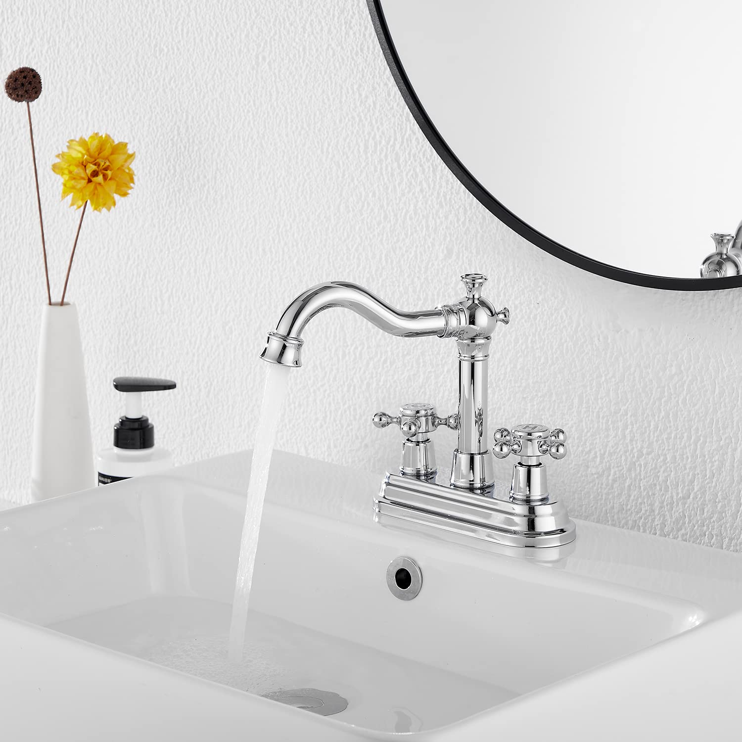 Chromowany kran łazienkowy GGStudy 2 uchwyty 10 cm centralny RV łazienka bateria umywalkowa z montażem odpływowym i wężem zasilającym bateria toaletowa bateria mieszacz podwójny uchwyt kran
