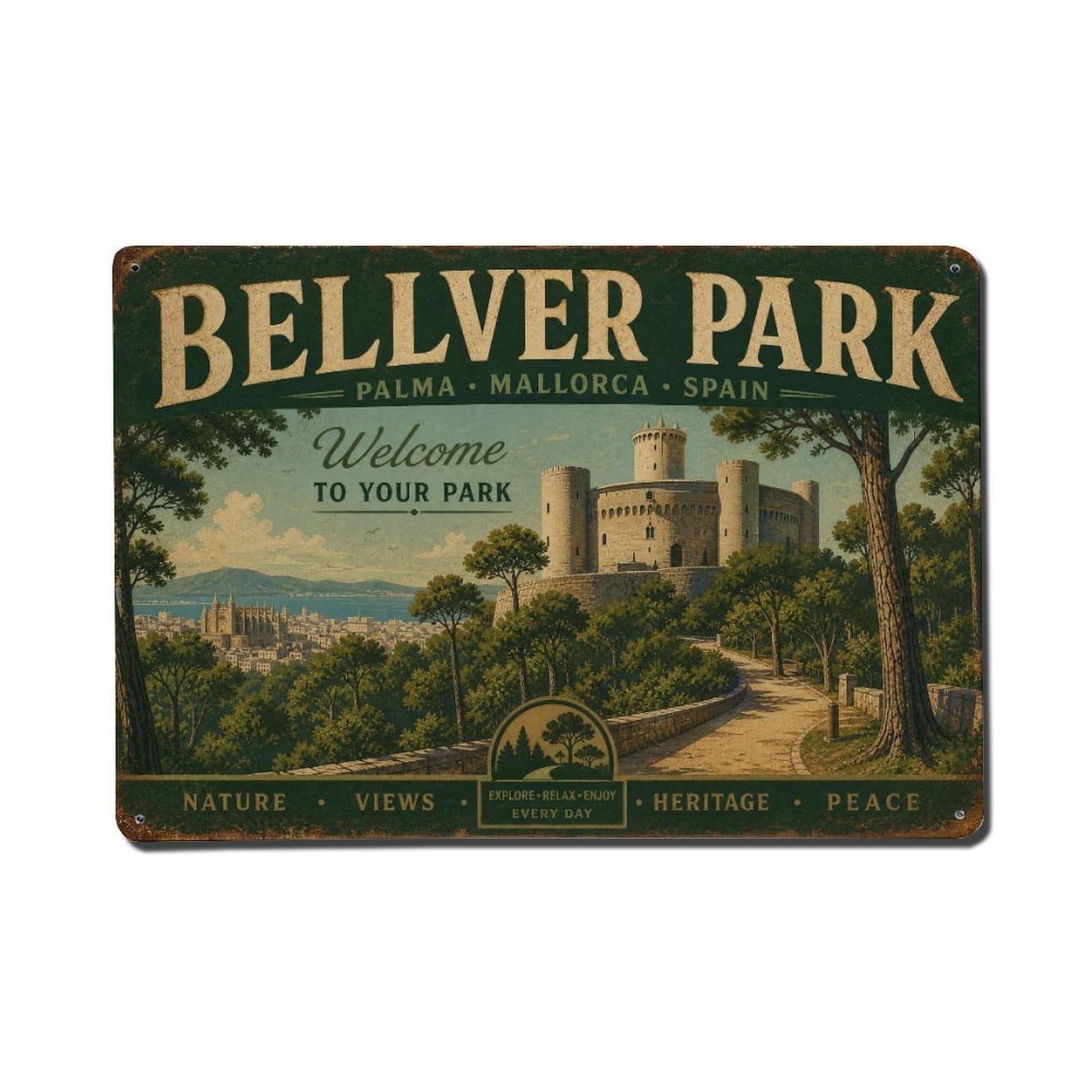Vintage Travel Palma Bellver Park Mallorca Forest Castle Metal Tin Sign