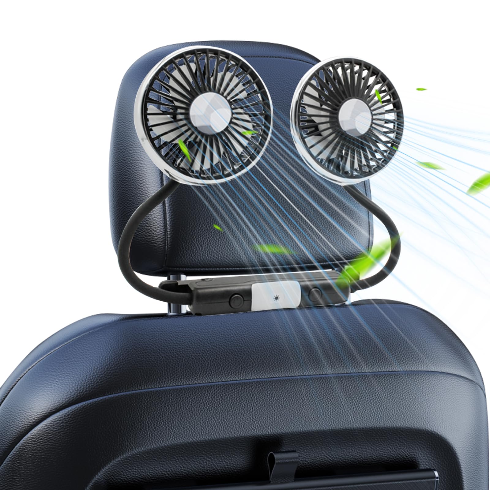 Ventilatore per auto, doppia testa per sedile posteriore, doppia ventola girevole a 360 gradi, ventola di raffreddamento USB auto con 3 velocità e 2 livelli di luminosità, luce LED per camion Van SUV