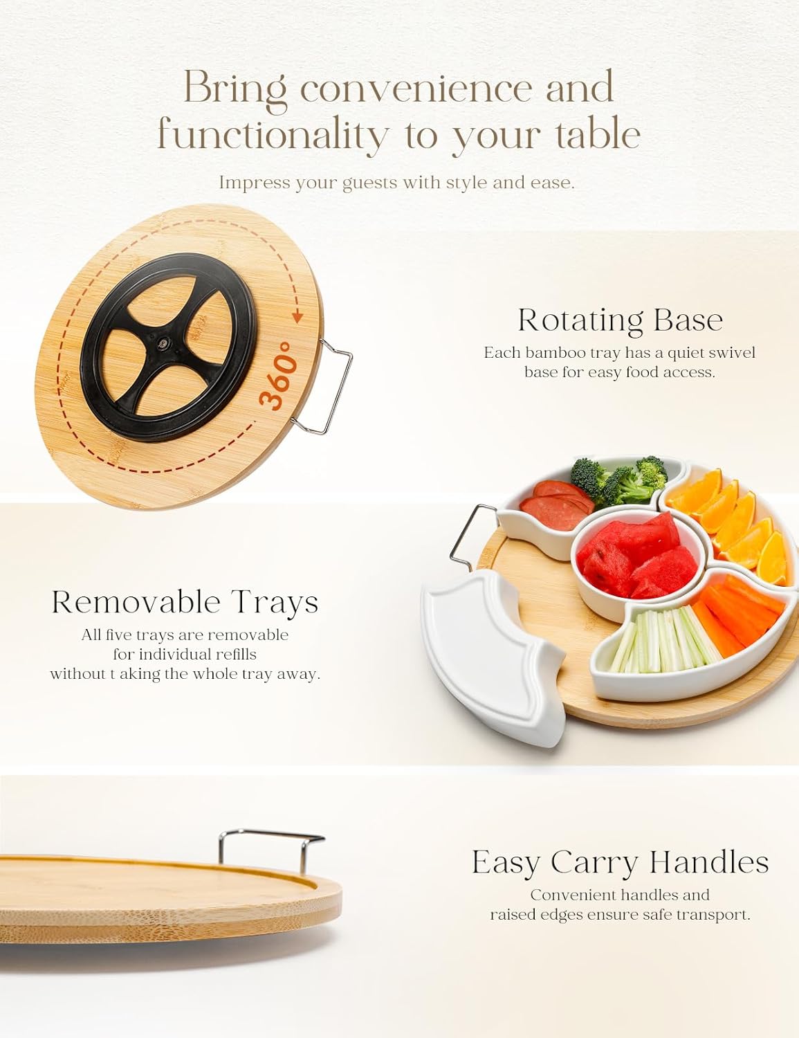 Ceramic Divided Serving Dishes with Bamboo Tray,360° Rotatable Serving Bowls with Handles for Party,5 Removable Relish Tray,11.2 Inch Appetizer Serving Dish for Chips & Dip, Veggies, Candy & Snacks