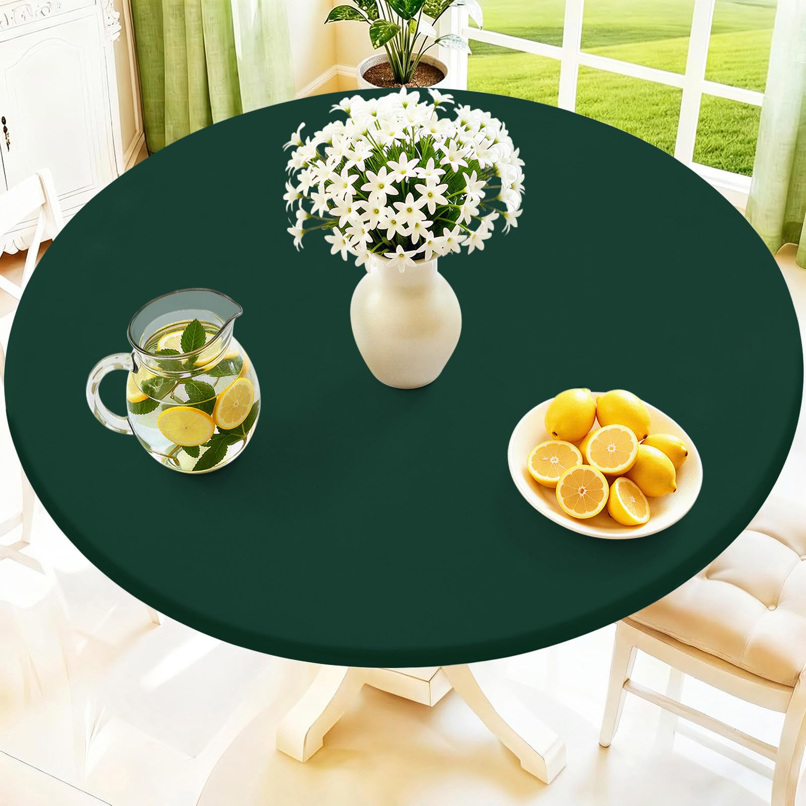 Moosfor Round Spandex Tablecloth, Elastic Fitted Waterproof Tablecloths for 51"-62" Tables, Stretch Washable Picnic Table Cover for Camping, Dining, Indoor and Outdoor, Hunter Green