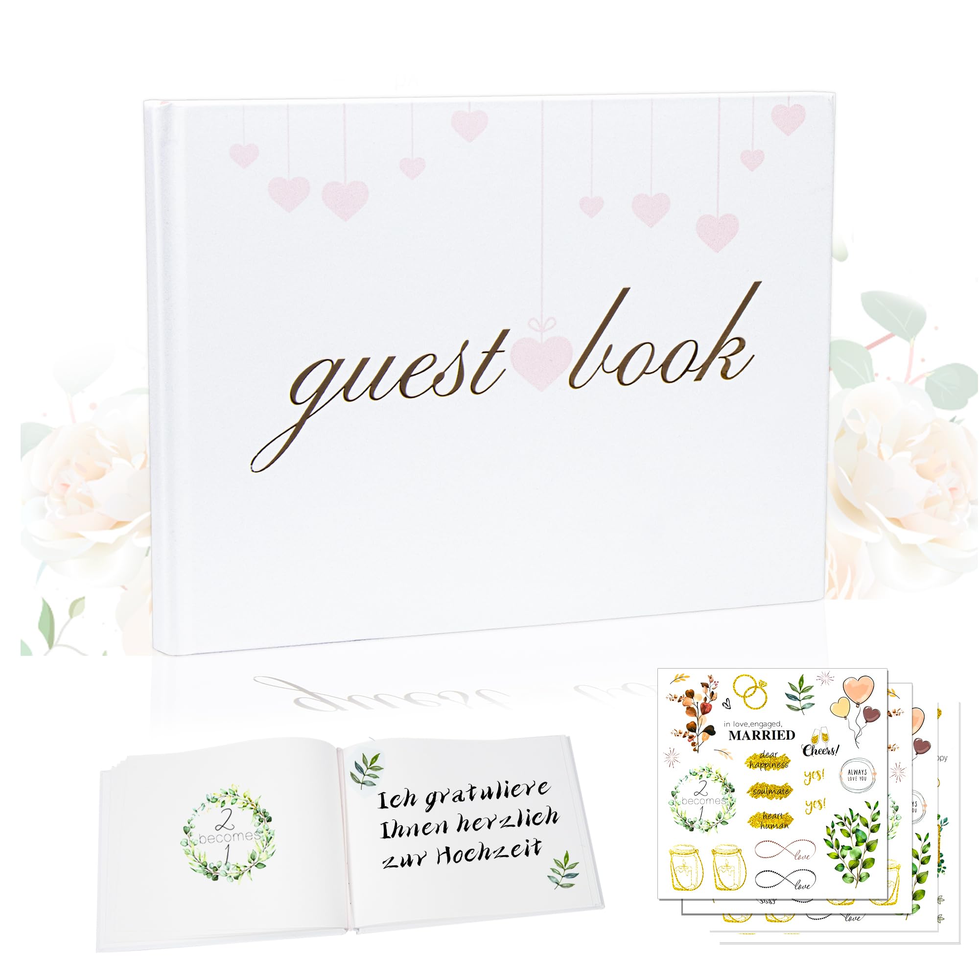 Libro Firmas Bodas con Pegatinas de Boda, Libro de Visitas Boda con 100 Páginas, Boda Decoracion Libros de Firmas para Aniversario Firmas Comunion