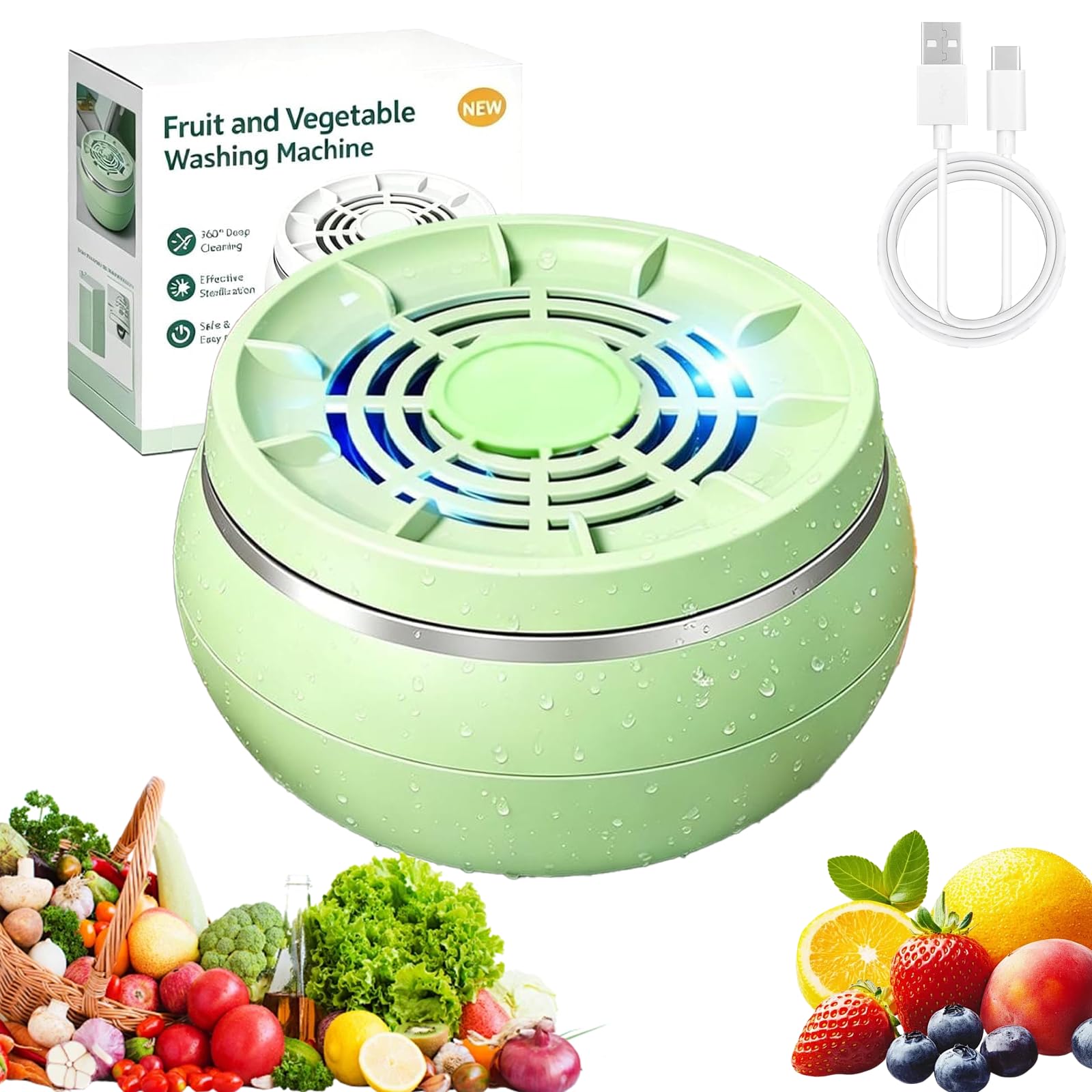 Vortex Fruit and Vegetable Washer Machine, Fruit Cleaner Device with Electrolysis Tech, Portable Fruits and Veg Washer for Home Kitchen, Deep Cleaning Fruits Washers Spinner (Green)