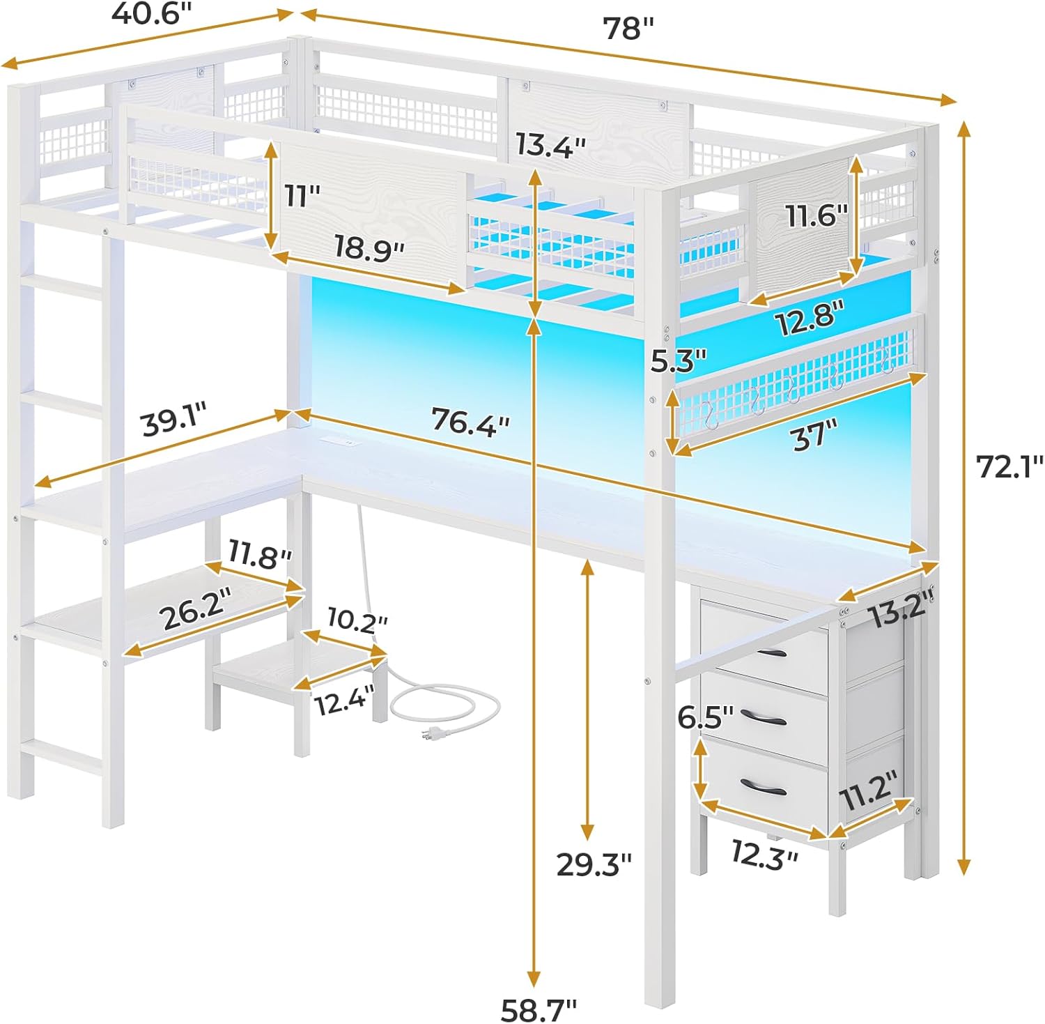 Loft bed with LED lights illuminating the desk area, showing various color and control options.