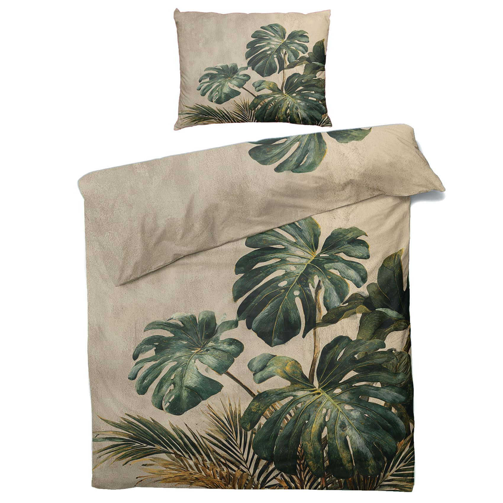 Monstera Bettwäsche 135x200 2er Set Mit Palmen Blätter Grün Muster, Bettbezug Set Bügelfreie Bettwäsche Mit Reißverschluss, Kissenbezug, Monstera Deko