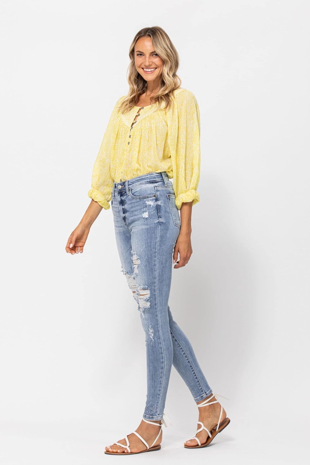 'Fiercely Bella Boutique' Hi-Rise Bleach Splash Destroyed Skinny Jeans (Style 82293)