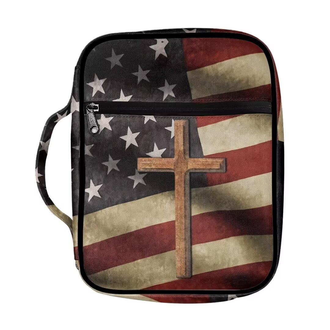Coldinair American Flag Cross Bible Cover for Men and Women Bible Case Bible Carrier Carrying Organizer Purse Handbag with Zipper Pockets Church Bag