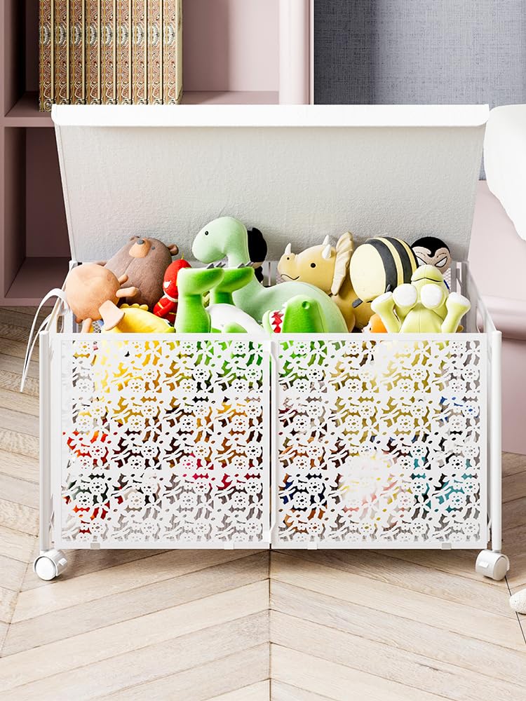 Caja de Almacenamiento de Juguetes Grande con Tapa, Organizador de Juguetes Plegable de Metal con Ruedas para Niños y Niñas, Ropa, Libros, Guardería, Felpa (#4)